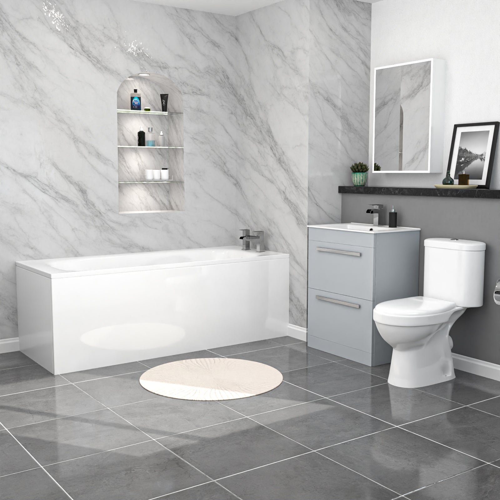 Nanuya 1700mm Bath, Toilet & Matte Grey 2 Drawer Vanity Slim Basin Cabinet