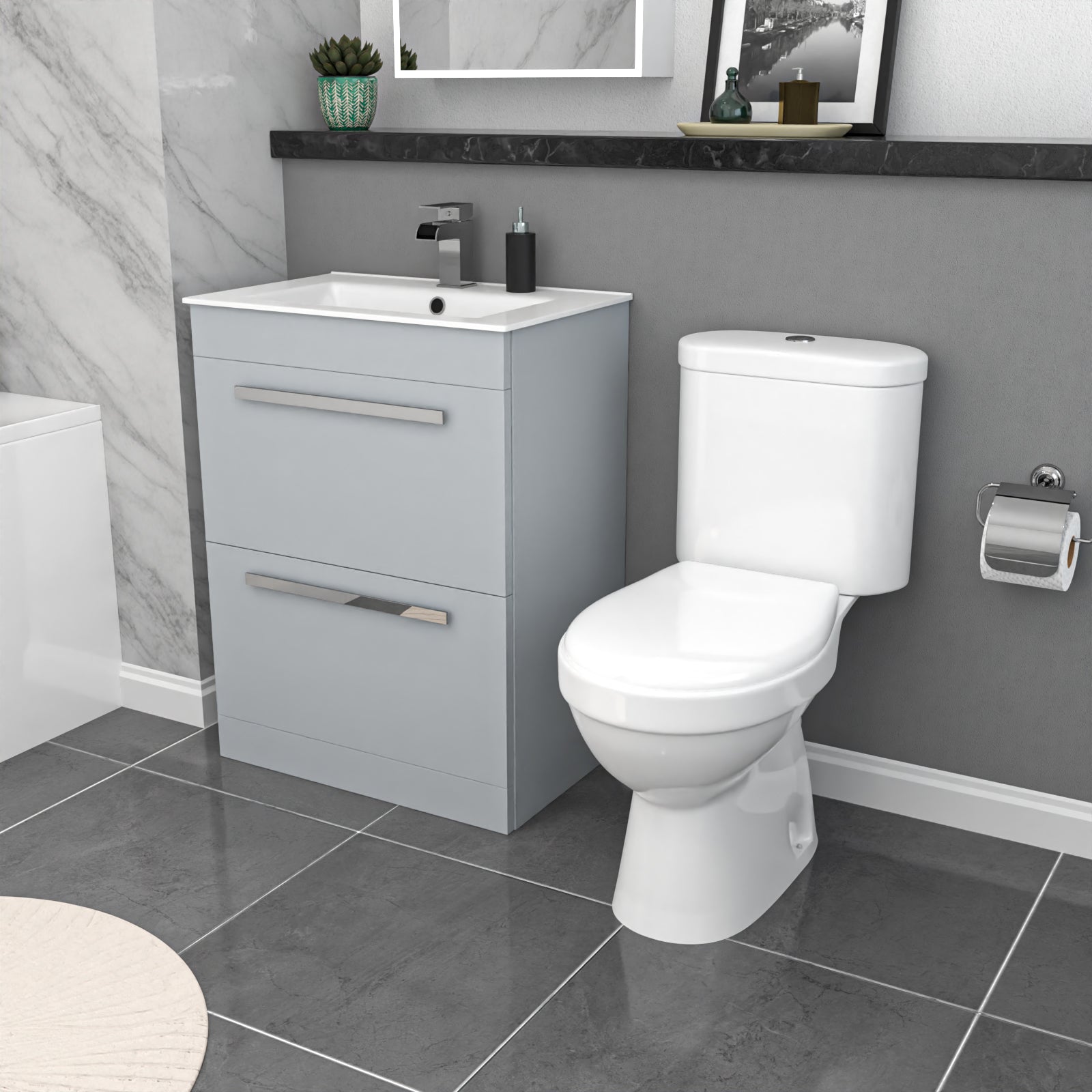 Nanuya 1700mm Bath, Toilet & Matte Grey 2 Drawer Vanity Slim Basin Cabinet