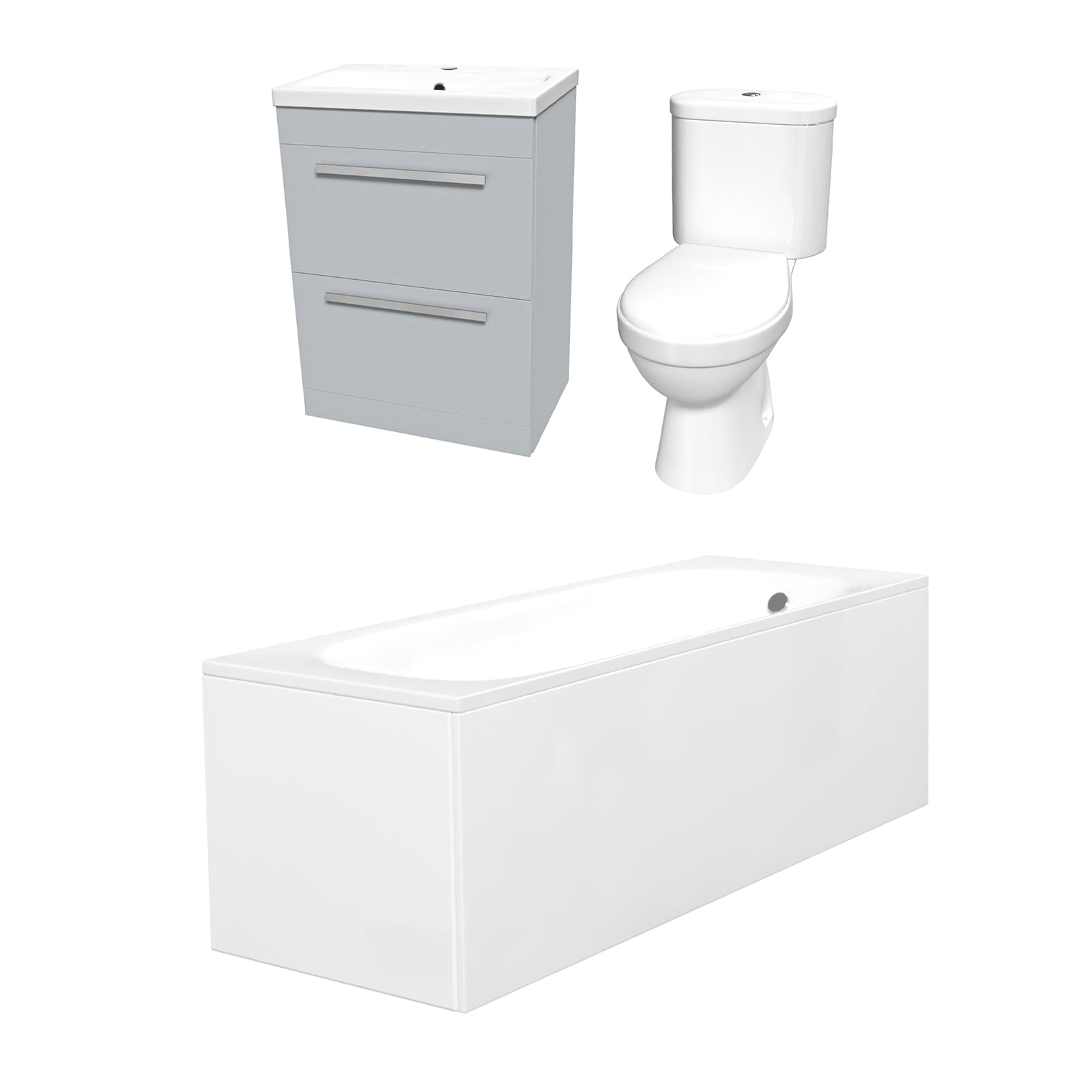 1700mm Bath, Close Coupled Toilet & Matte Grey Drawers Basin Vanity