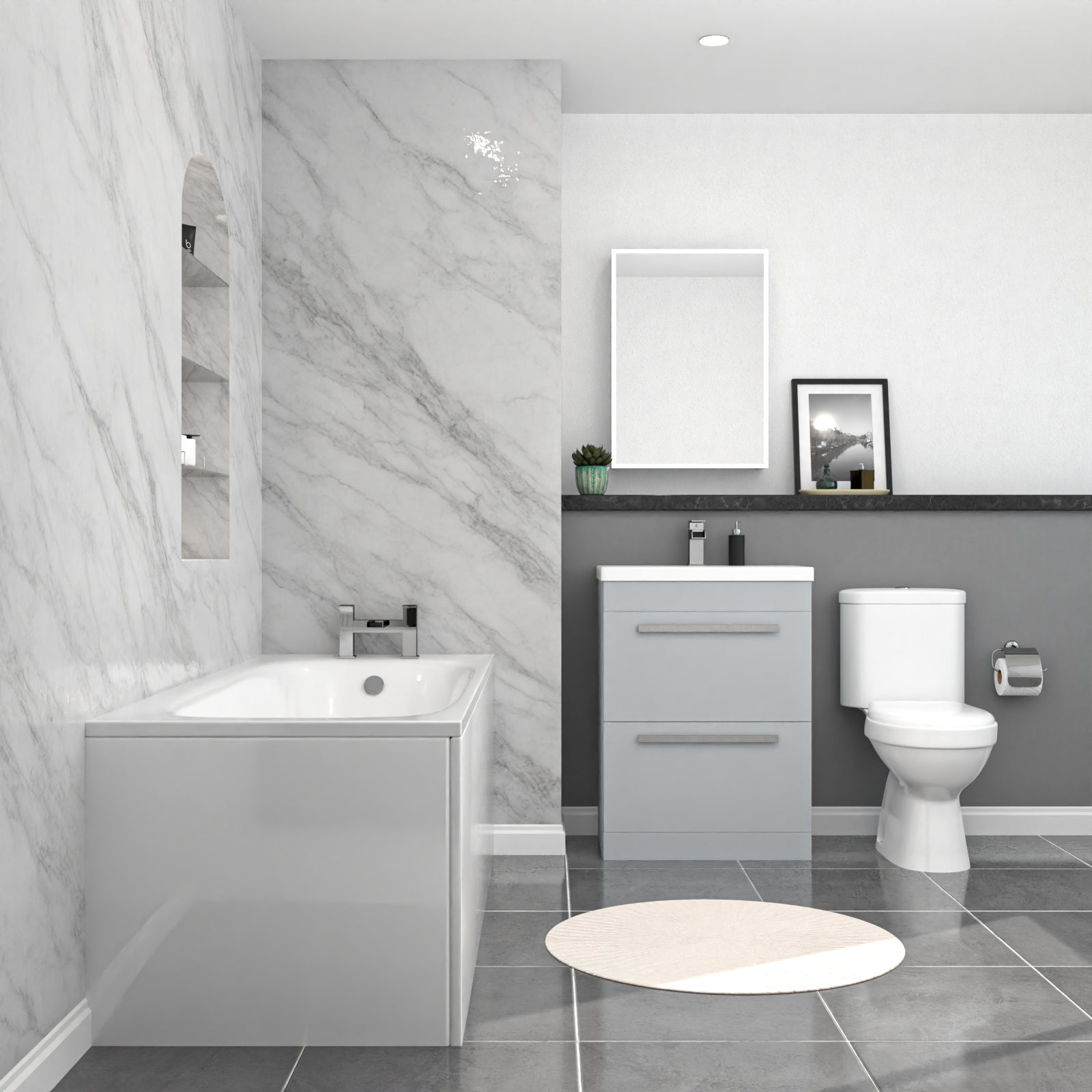 1700mm Bath, Close Coupled Toilet & Matte Grey Drawers Basin Vanity