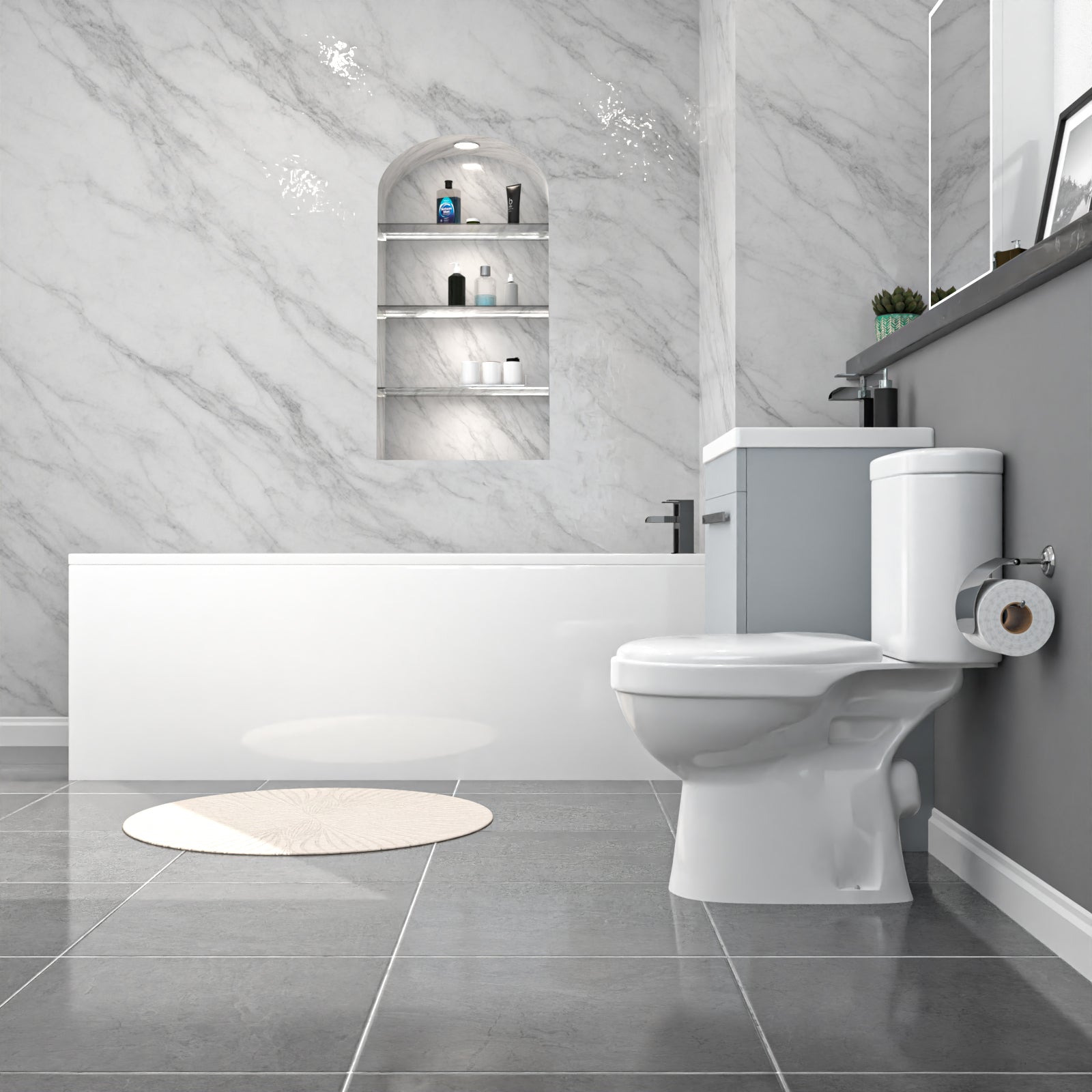 1700mm Bath, Close Coupled Toilet & Matte Grey Drawers Basin Vanity