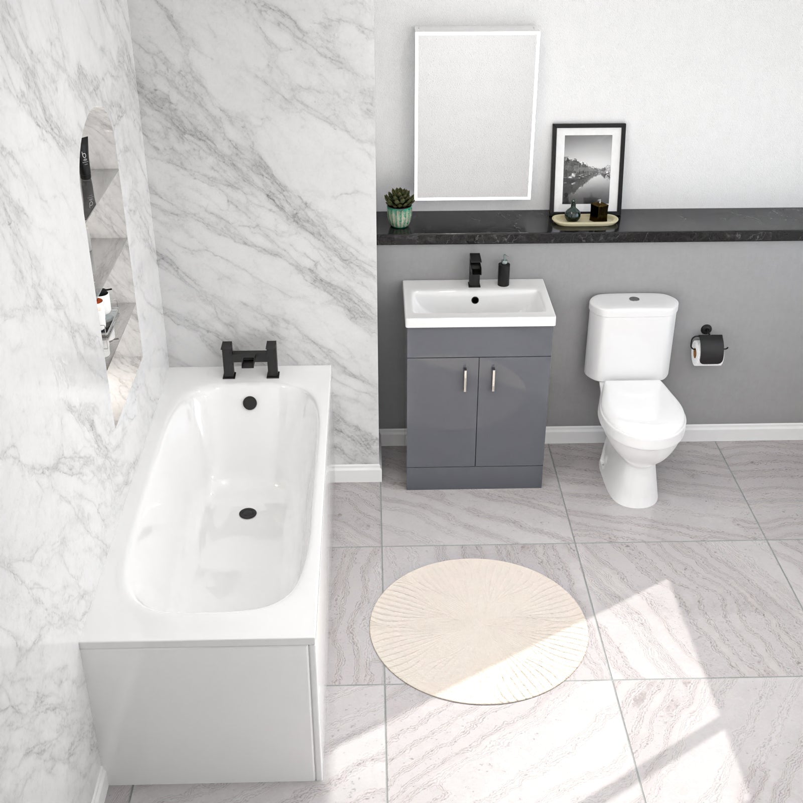 Nanuya 1700mm Bath, 600 mm Grey Vanity Basin Cabinet Flat Pack & Close Coupled Toilet