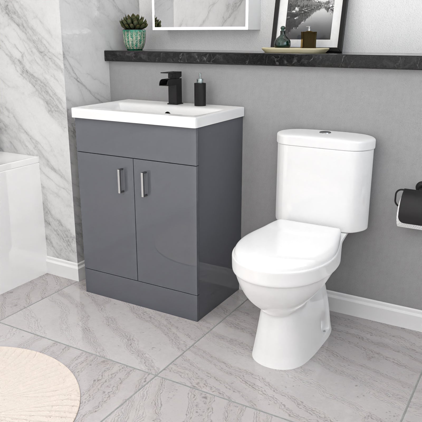 Nanuya 1700mm Bath, 600 mm Grey Vanity Basin Cabinet Flat Pack & Close Coupled Toilet