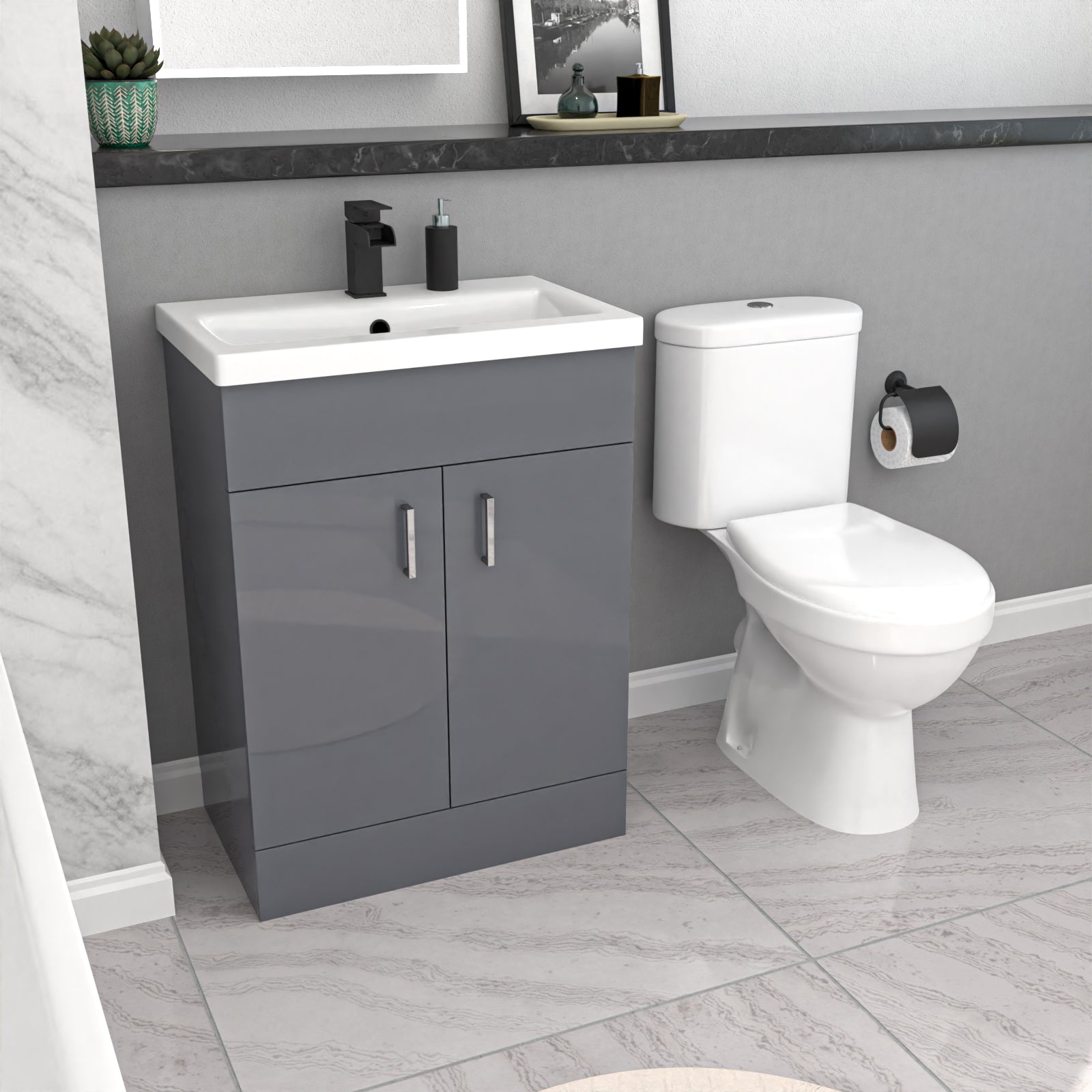 Nanuya 1700mm Bath, 600 mm Grey Vanity Basin Cabinet Flat Pack & Close Coupled Toilet