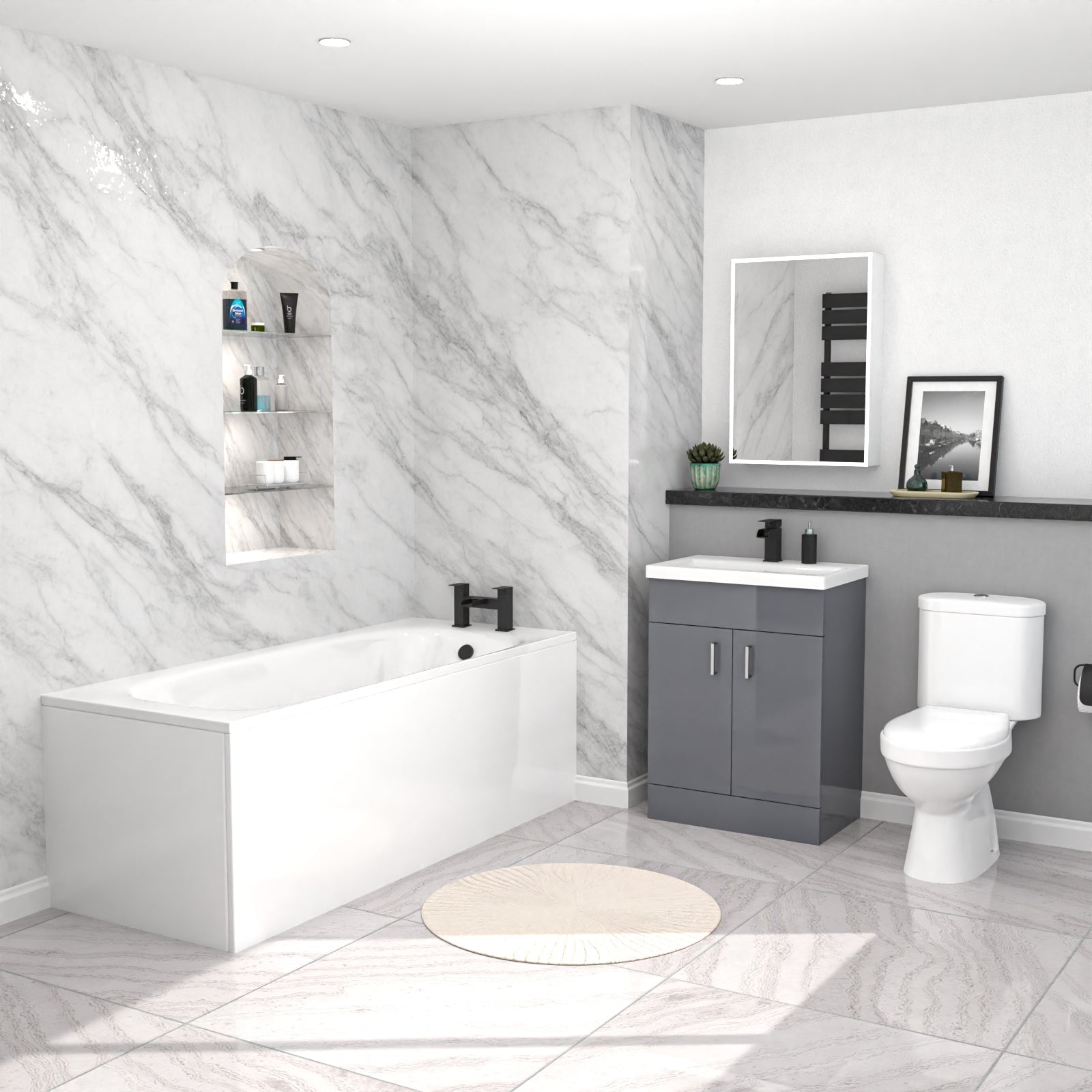 Nanuya 1700mm Bath, 600 mm Grey Vanity Basin Cabinet Flat Pack & Close Coupled Toilet