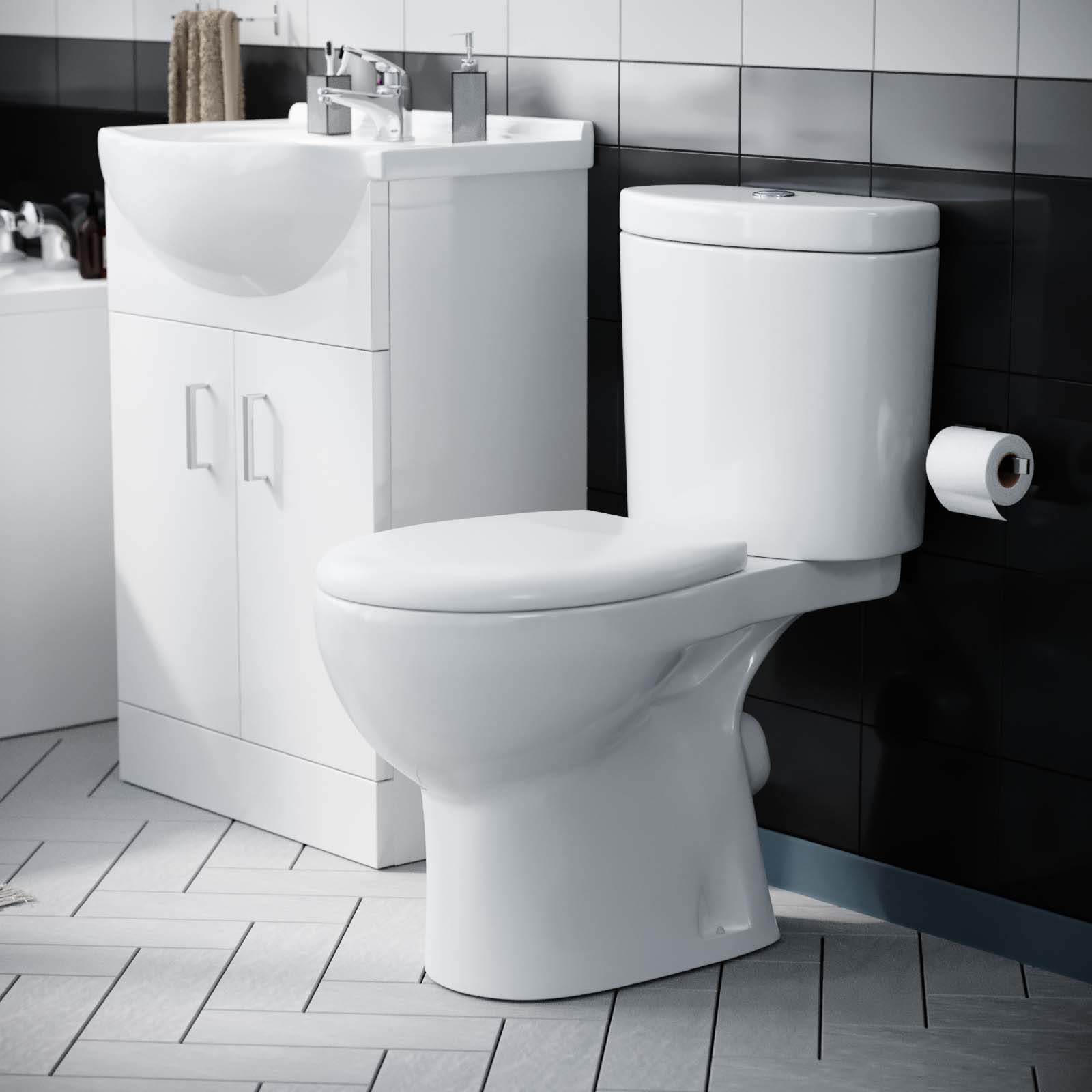 Ellen Bath Suite 1700mm Bathtub, 550mm White Basin Vanity & Close Coupled Toilet