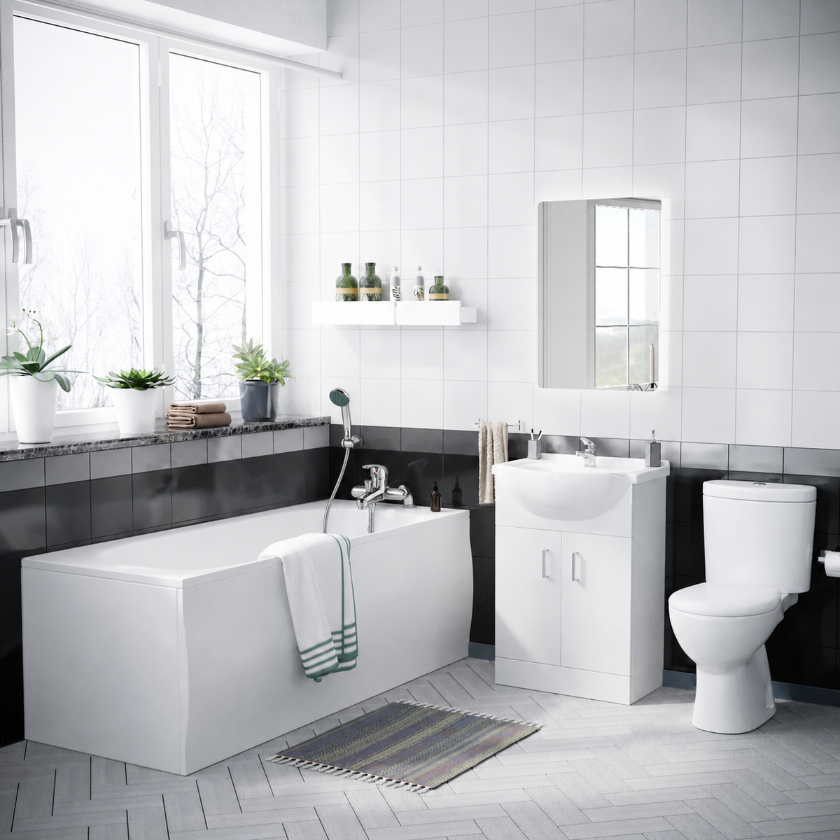 1700mm Round Bathtub, 550mm Basin Vanity Unit & Close Coupled Toilet - Set with Chrome Fittings