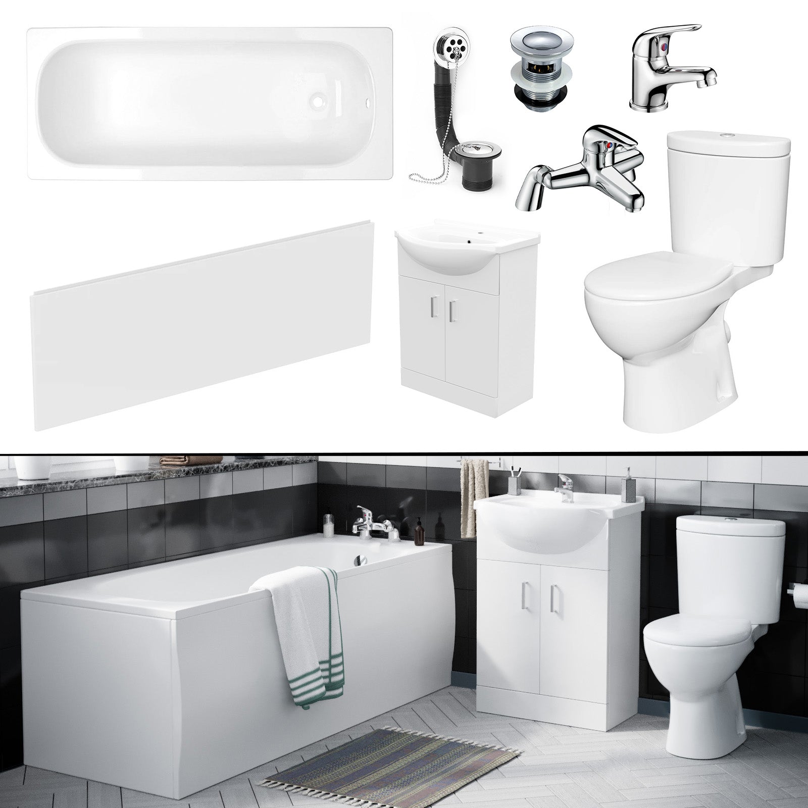 Ellen Bath Suite 1700mm Bathtub, 550mm White Basin Vanity & Close Coupled Toilet