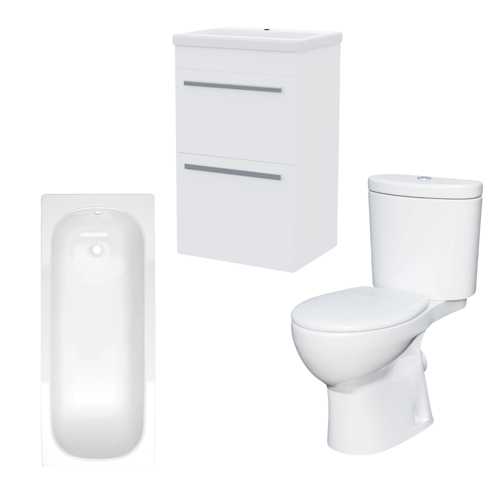 Nanuya 1700mm Bath, Close Coupled Toilet & 500 mm 2 Drawer Vanity Basin Cabinet