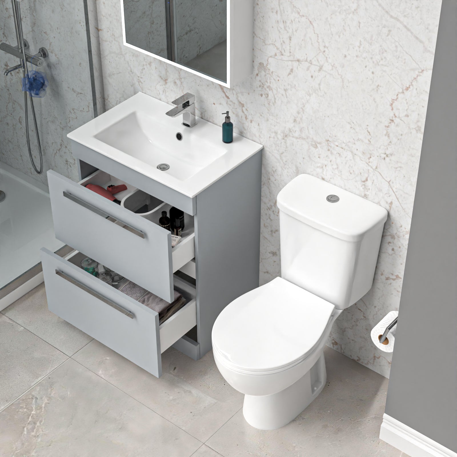 Nanuya 600mm Matte Grey Slim Basin 2 Drawers Vanity Cabinet & WC Toilet Pan