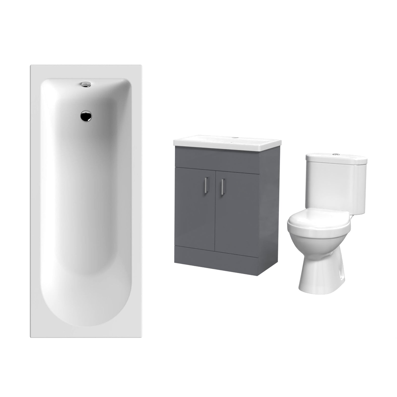 Nanuya 1700mm Bath, 600 mm Grey Vanity Basin Cabinet & Close Coupled Toilet