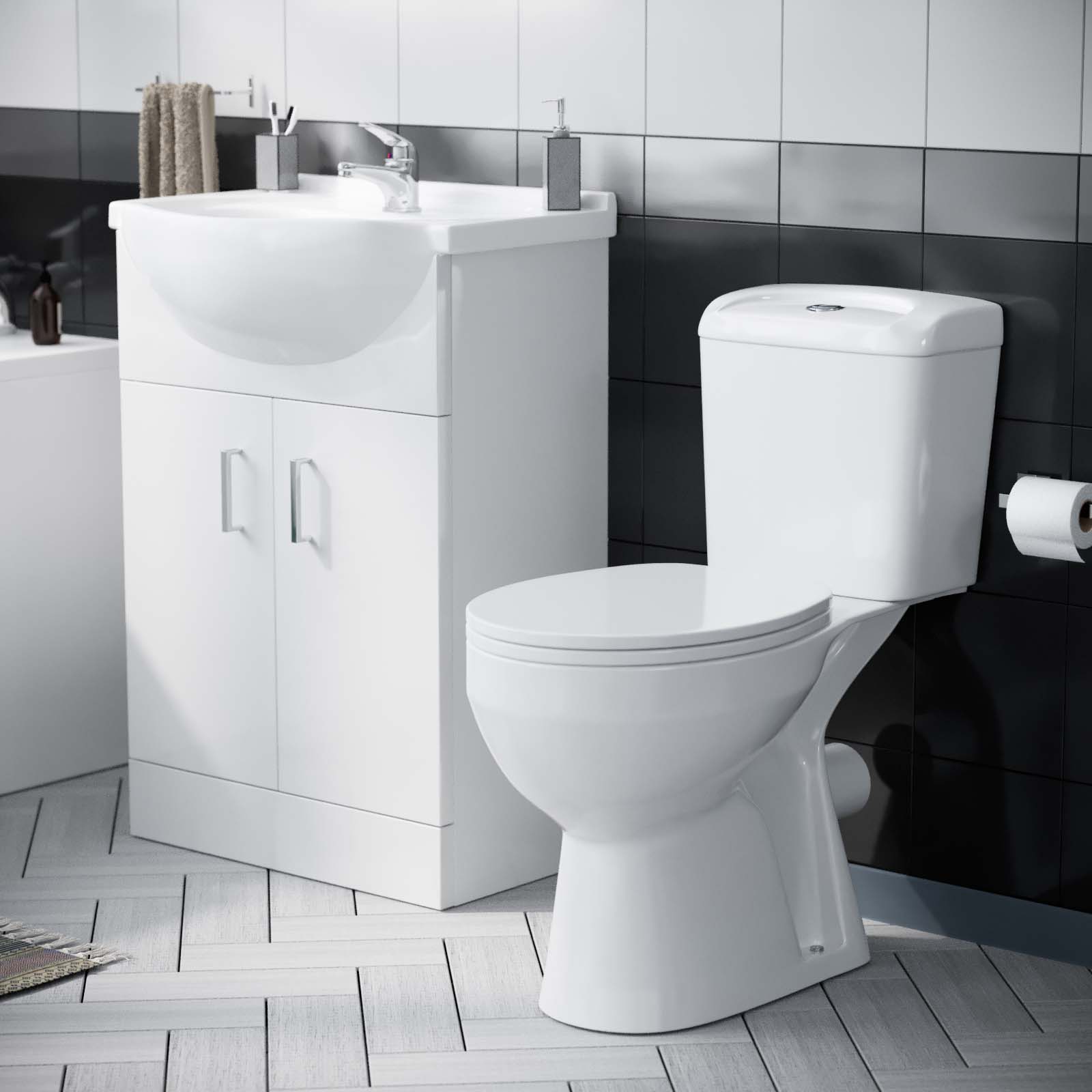 Ellen 1700mm Bath + Panels, Close Coupled Ceramic Toilet & Vanity Basin Cabinet