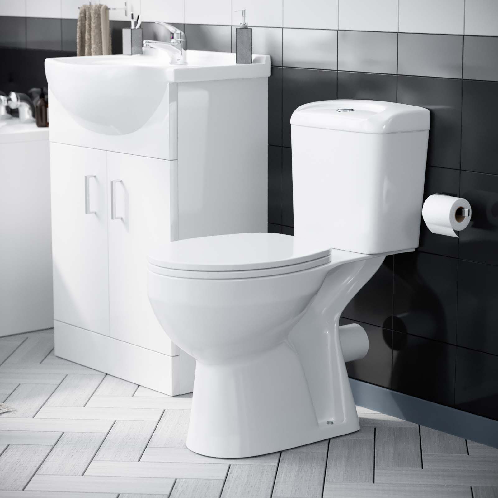 Ellen 1700mm Bath + Panels, Close Coupled Ceramic Toilet & Vanity Basin Cabinet