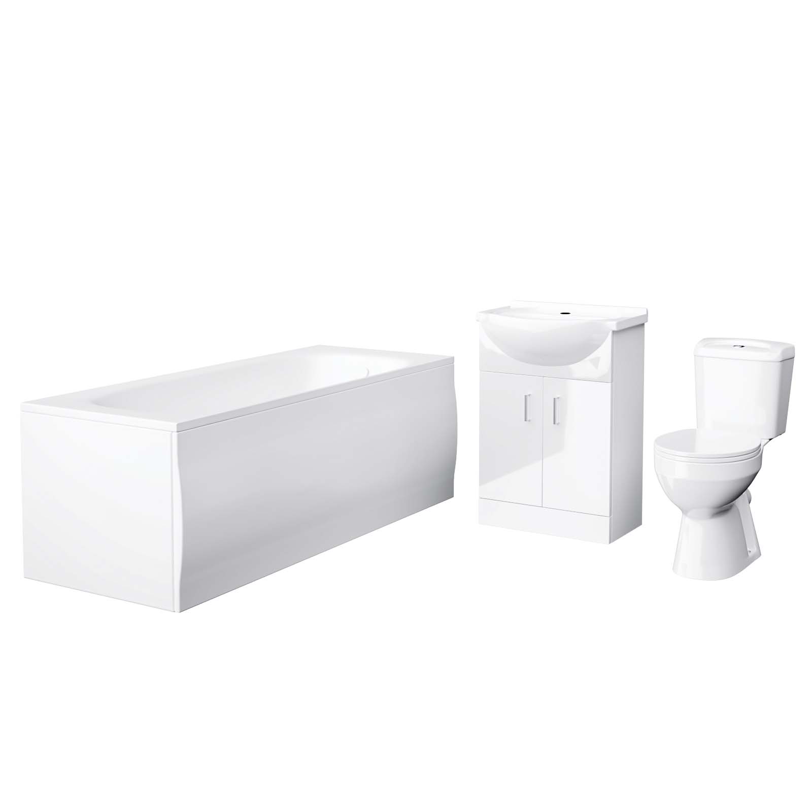 Ellen 1700mm Bath + Panels, Close Coupled Ceramic Toilet & Vanity Basin Cabinet