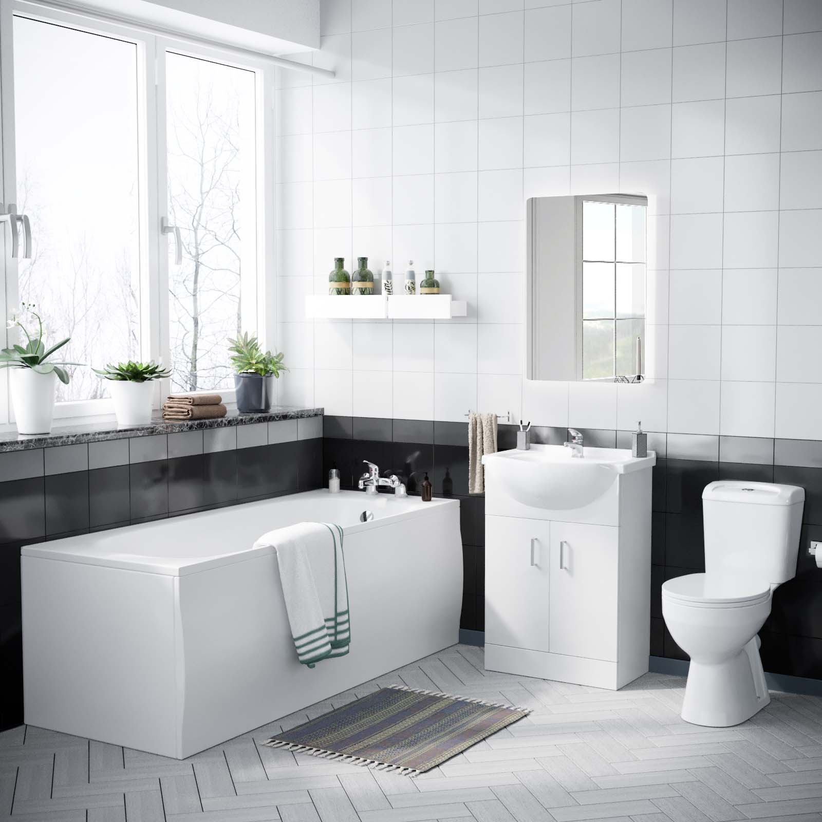 Ellen 1700mm Bath + Panels, Close Coupled Ceramic Toilet & Vanity Basin Cabinet