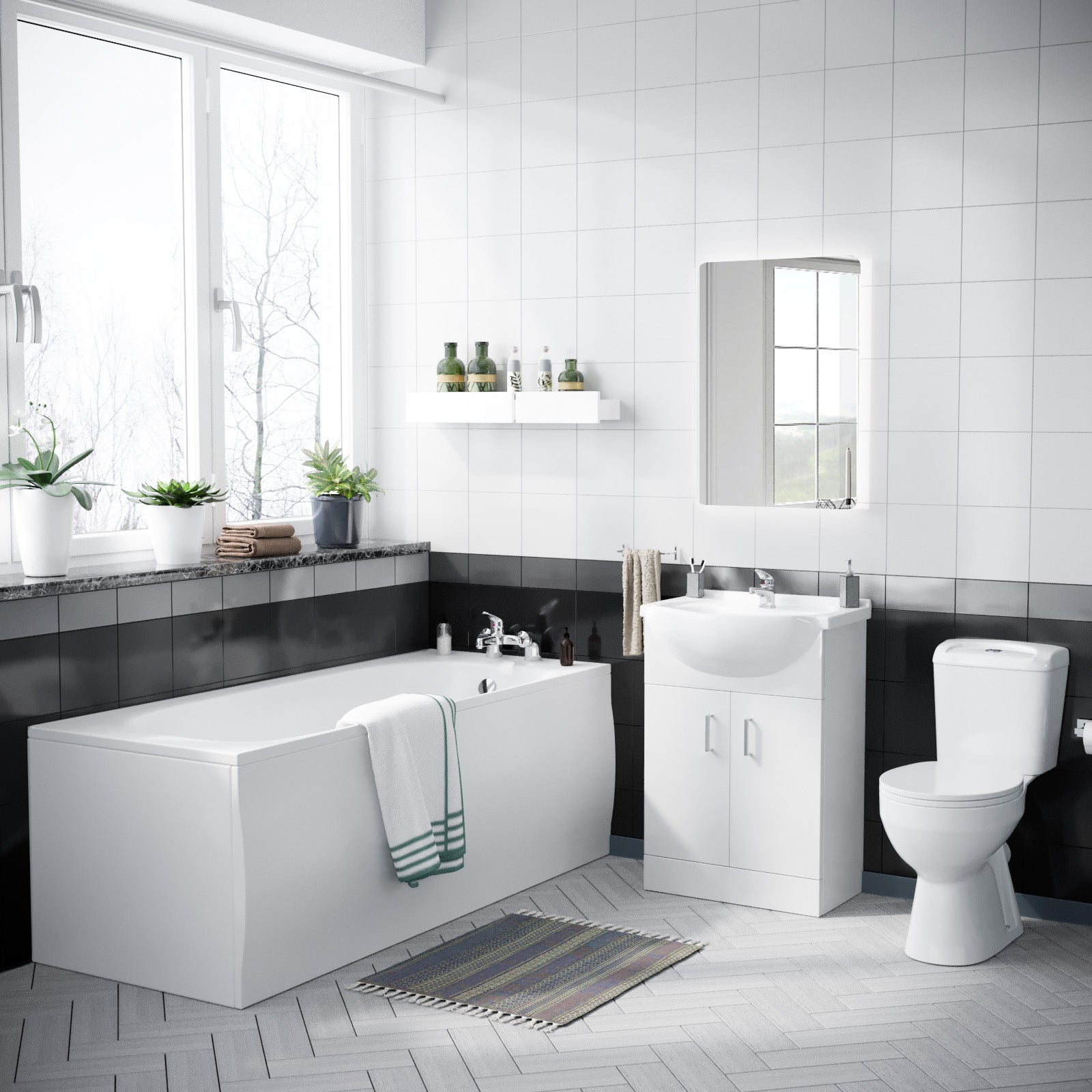 Ellen 1700mm Bath + Panels, Close Coupled Ceramic Toilet & Vanity Basin Cabinet