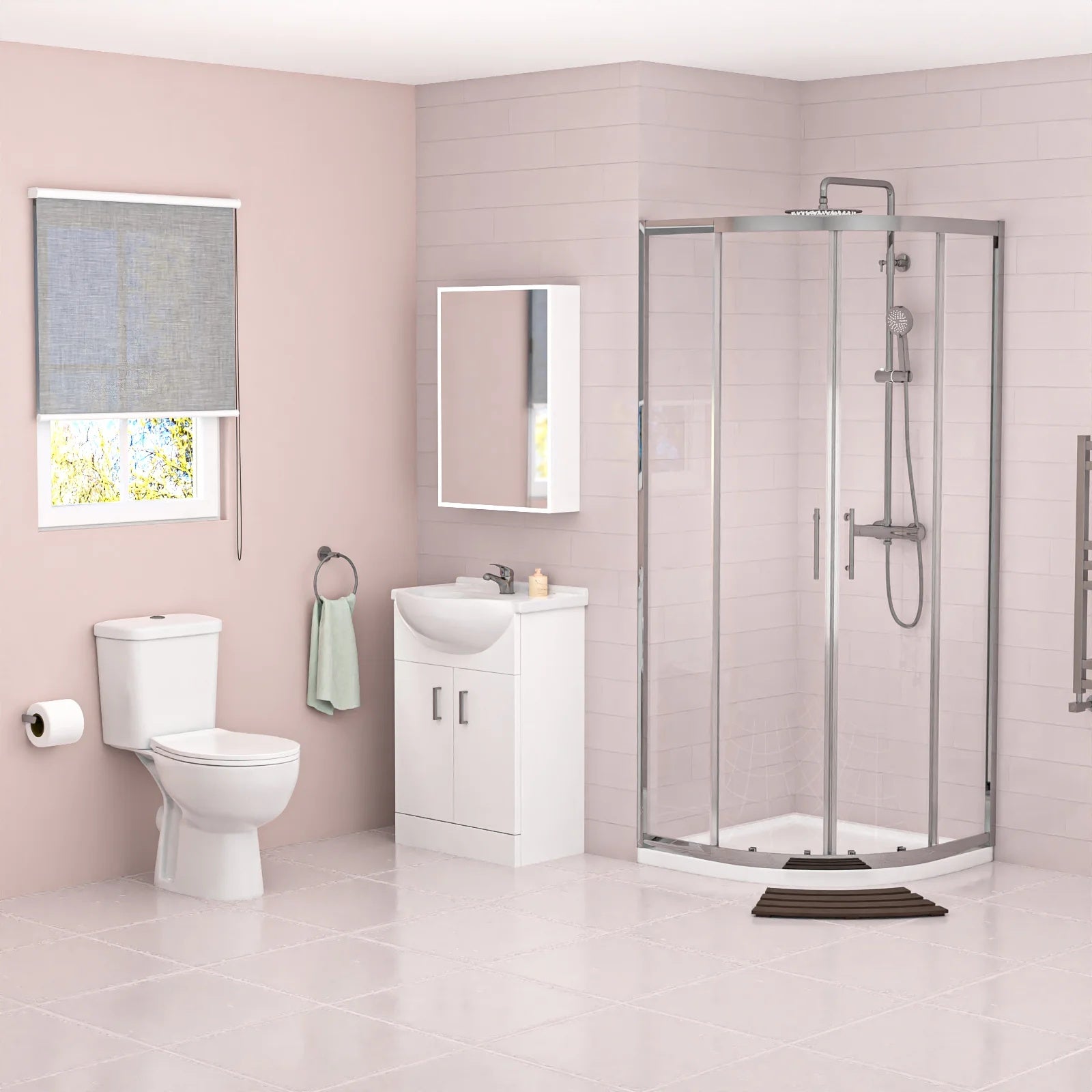 Ellen White Vanity Toilet & Chrome 900mm Quadrant Enclosure Tray with Exposed Shower