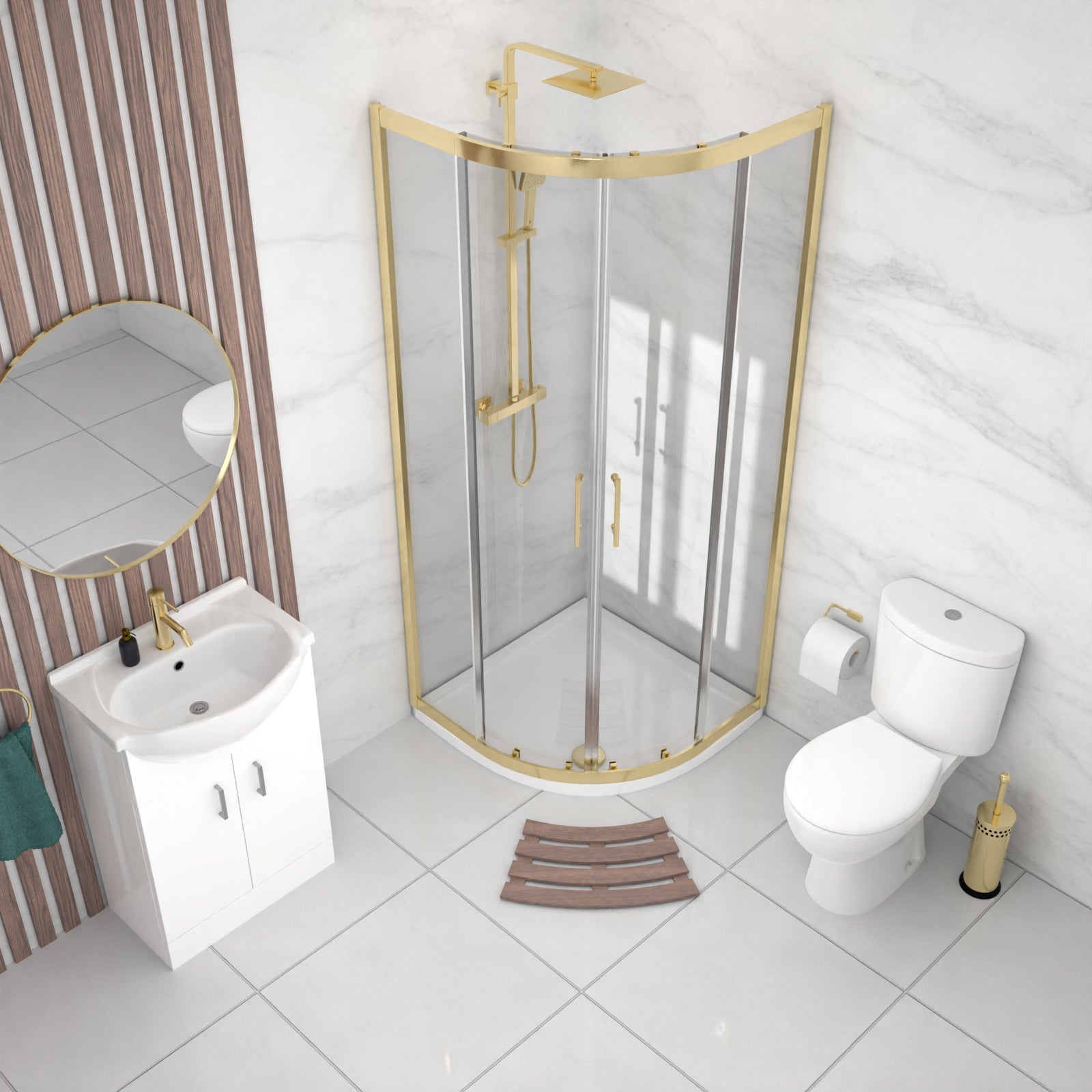 Ellen Toilet Vanity 800mm Brushed Brass Quadrant Shower Enclosure Tray Set