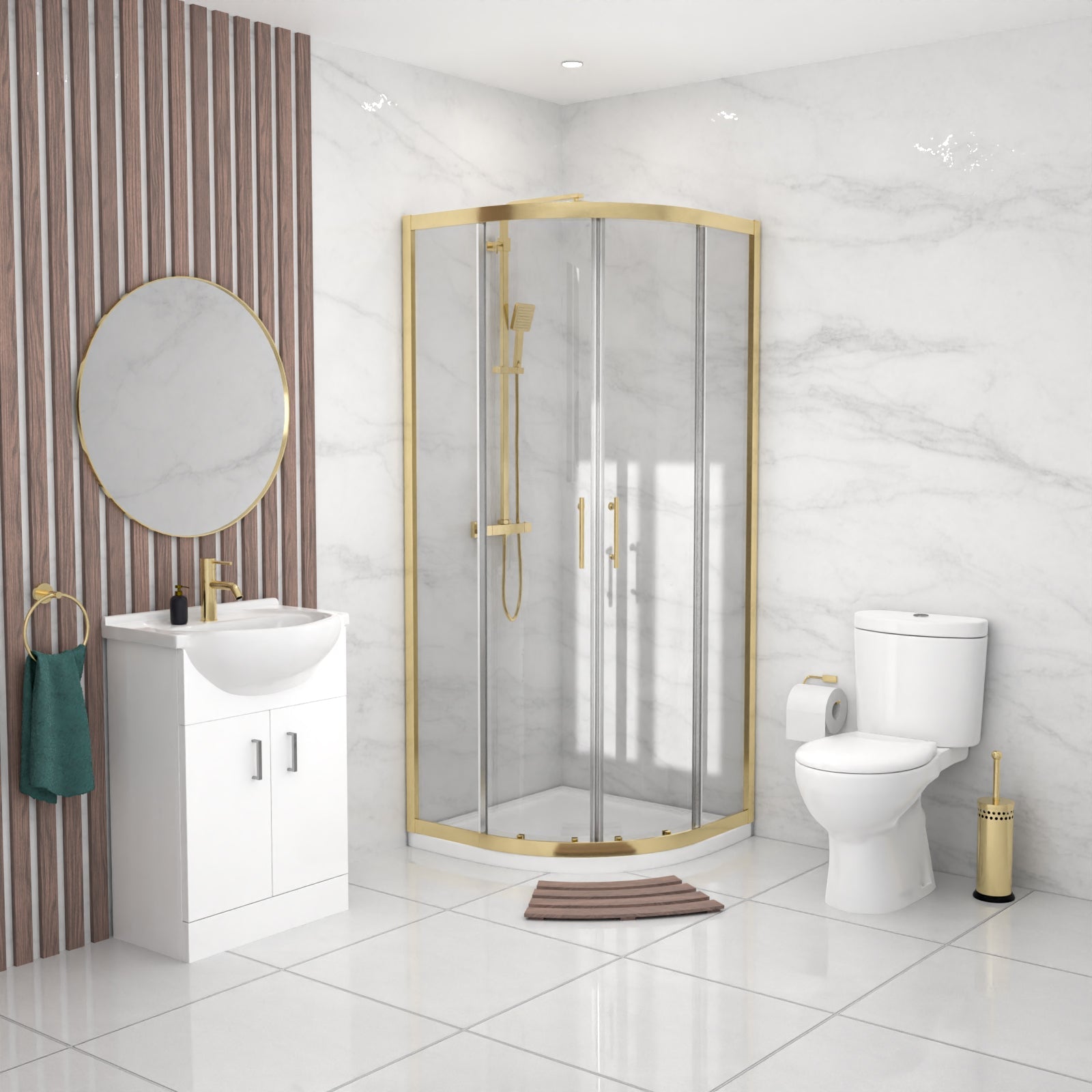 Ellen Toilet Vanity 800mm Brushed Brass Quadrant Shower Enclosure Tray Set