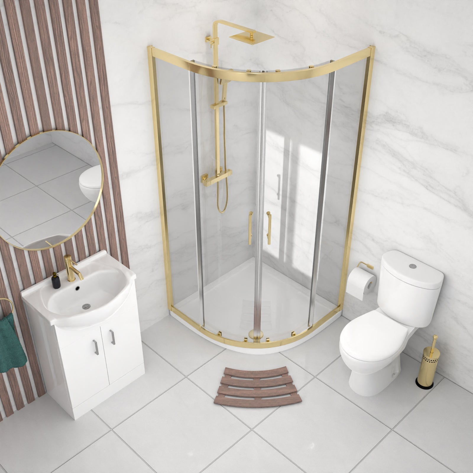 Ellen Toilet Vanity 900mm Brushed Brass Quadrant Shower Enclosure Tray Set