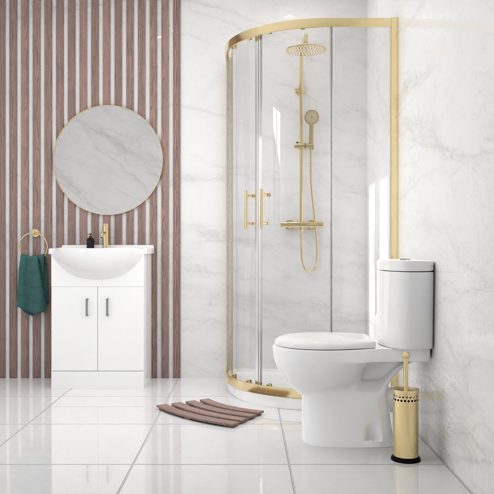 Ellen Vanity Toilet & Brushed Brass 900mm Quadrant Enclosure Tray with Exposed Shower Round and Basin Mixer Set