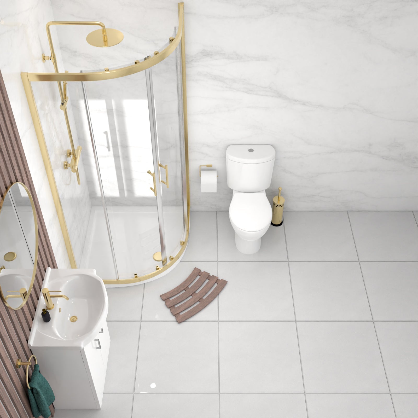 Ellen Vanity Toilet & Brushed Brass 900mm Quadrant Enclosure Tray with Exposed Shower Round and Basin Mixer Set