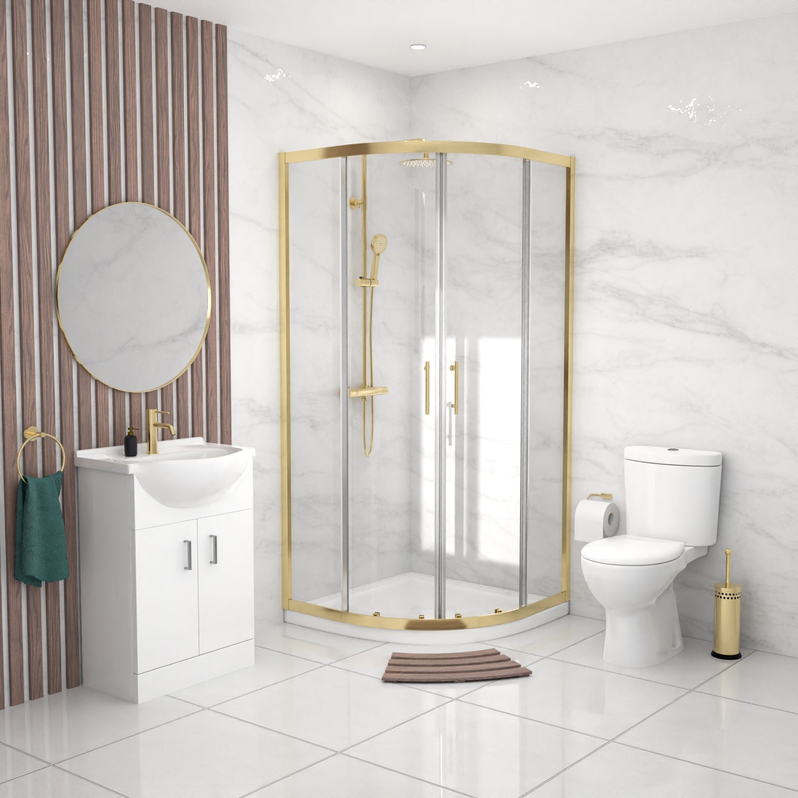 Ellen Vanity Toilet & Brushed Brass 900mm Quadrant Enclosure Tray with Exposed Shower Round and Basin Mixer Set