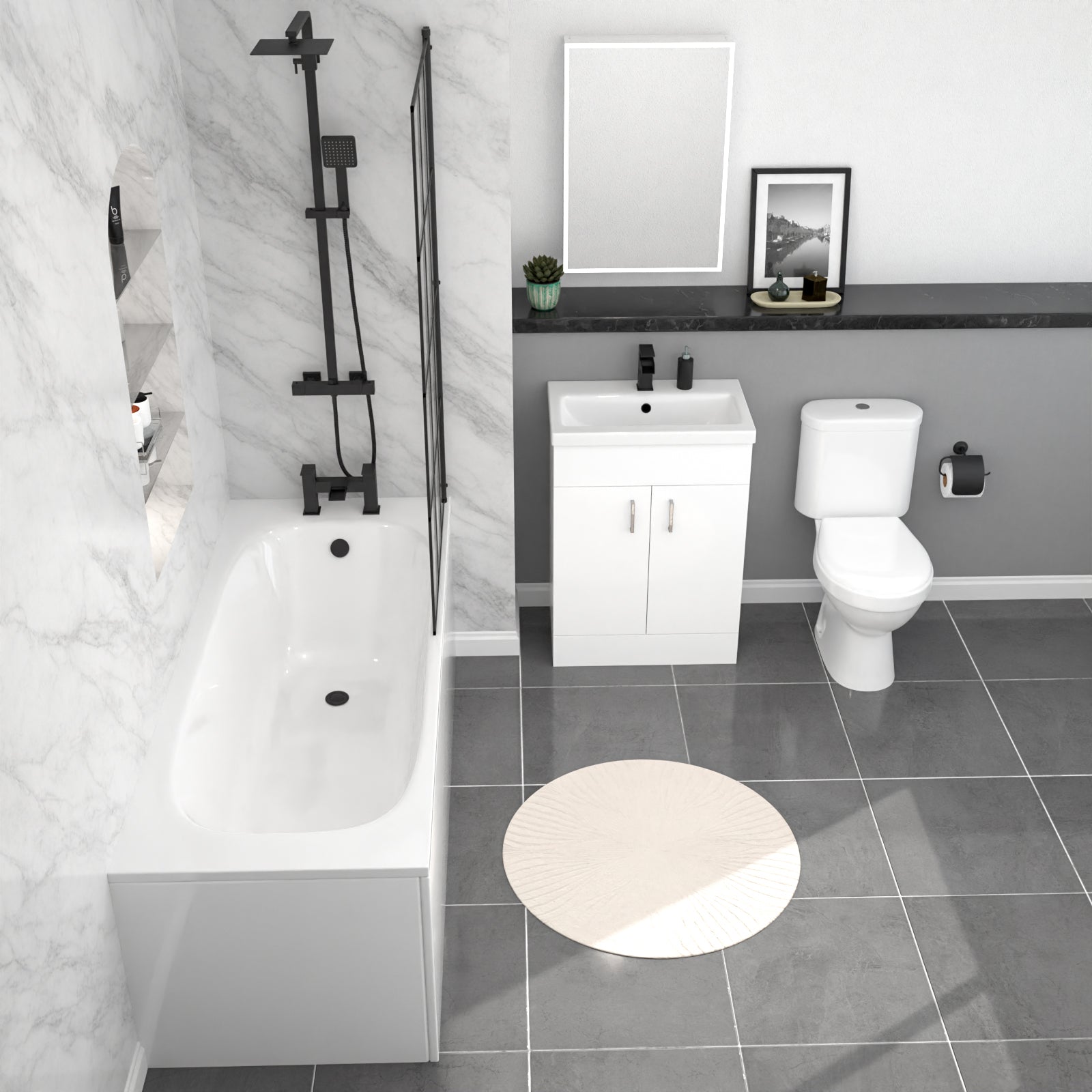 Nanuya Close Coupled Toilet Vanity Bathroom Suite, Bath & Grid Bath Screen