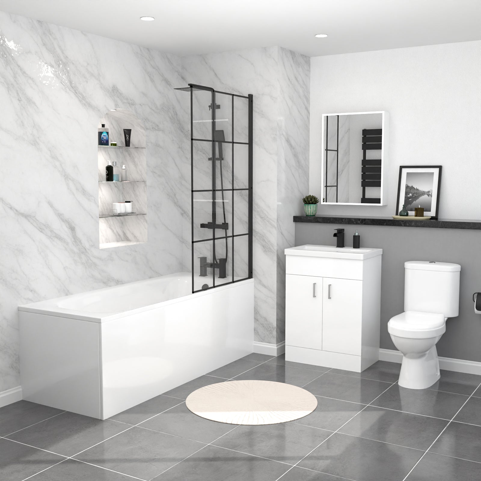 Nanuya Close Coupled Toilet Vanity Bathroom Suite, Bath & Grid Bath Screen