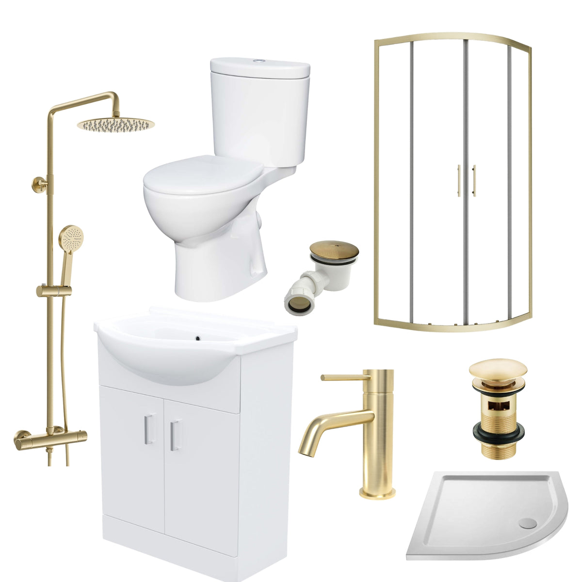 Enclosure Suite - 800mm Quadrant Screen with 550mm Vanity Unit & Close Coupled Toilet - Set with Brushed Brass Fittings
