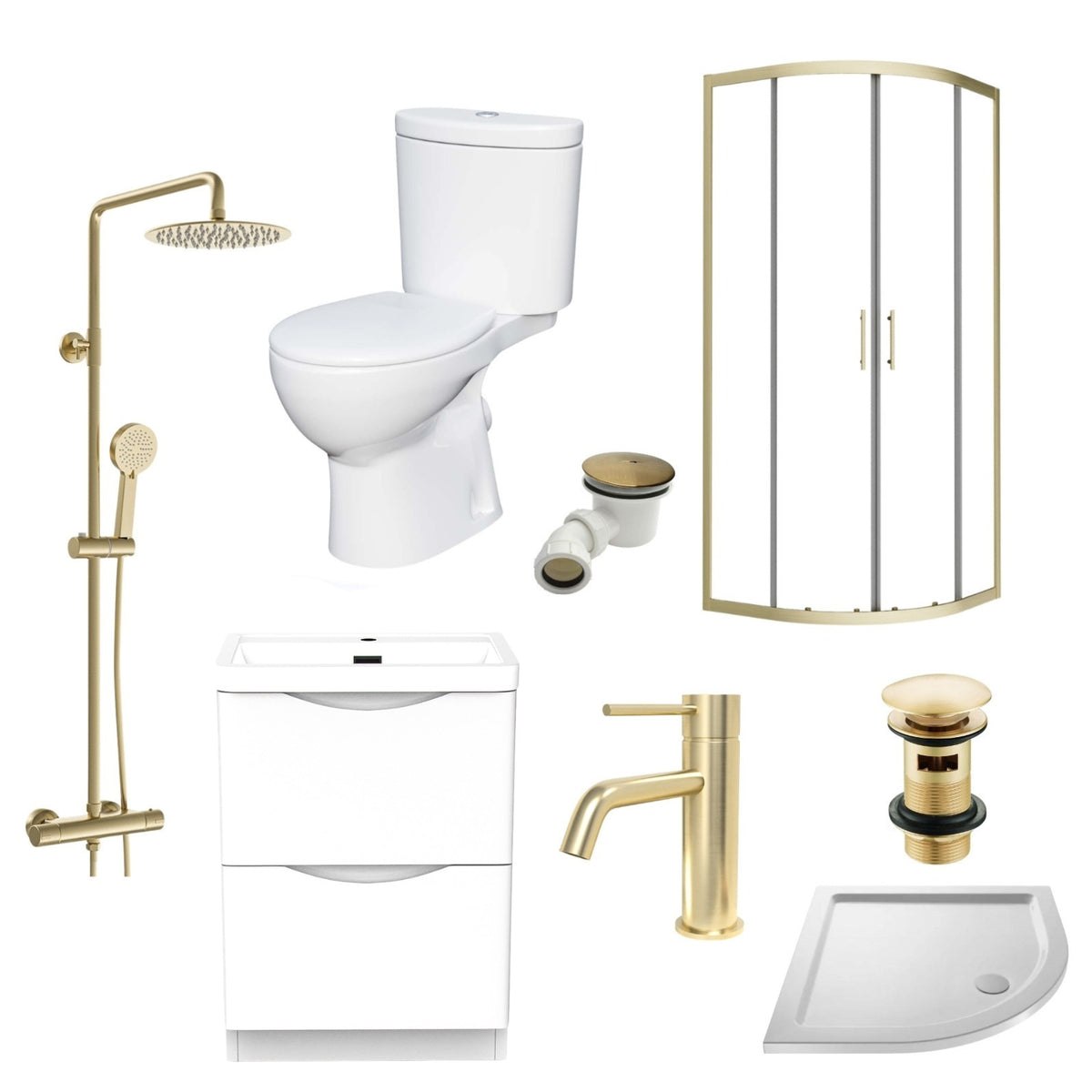 Enclosure Suite - 900mm Quadrant Screen with 600mm 2 Drawers Vanity Unit & Close Coupled Toilet - Set with Brushed Brass Fittings