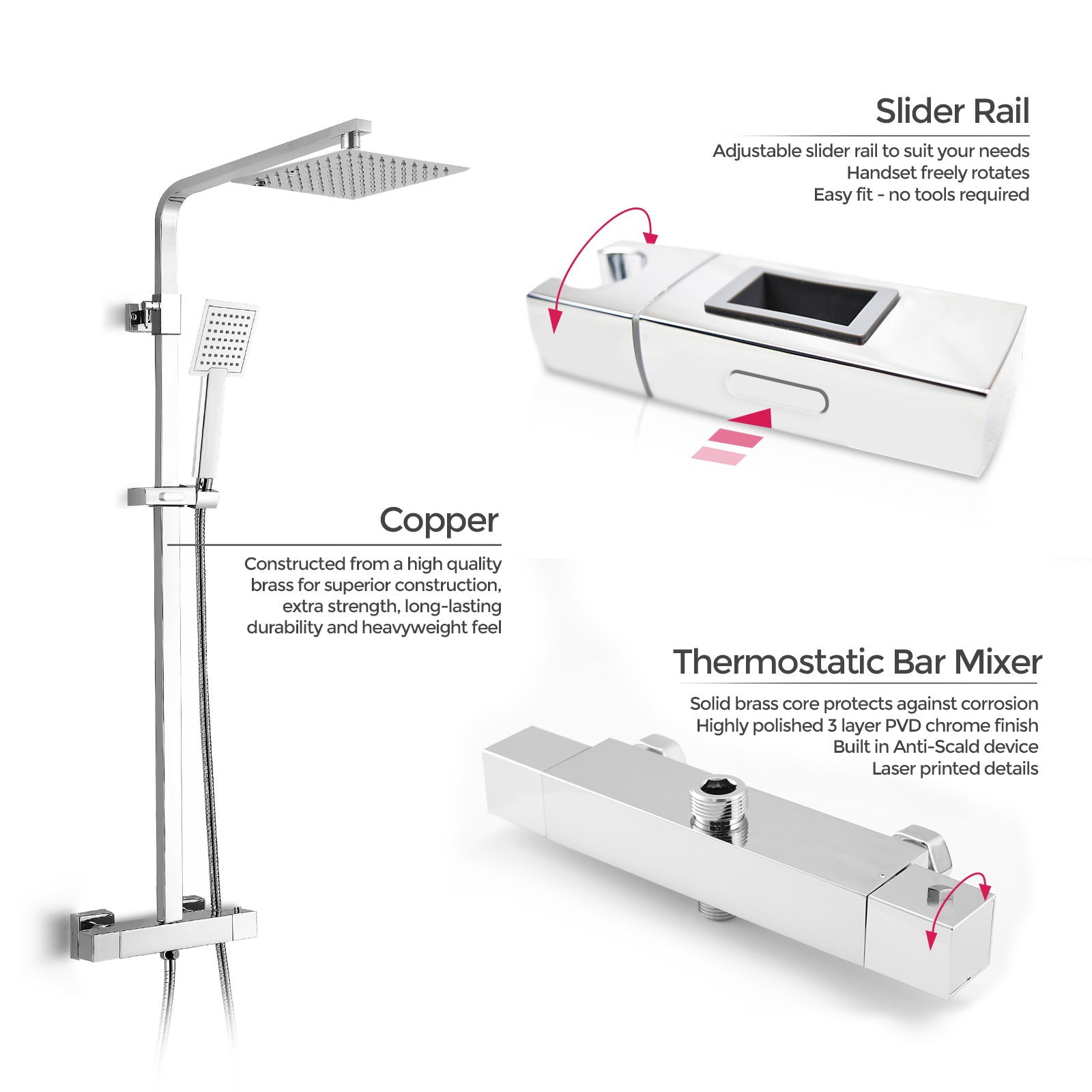 Solid Brass Thermostatic Shower Mixer Chrome With Slide Rail Kit Square