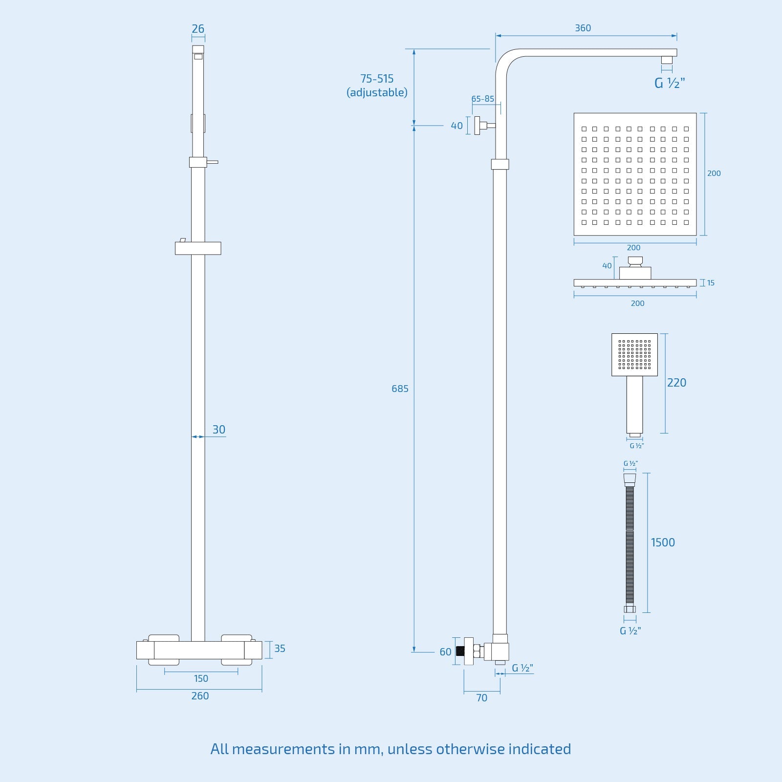 Ellen L-Shaped Shower Bath with Vanity Unit, Rimless Toilet, Taps & Shower