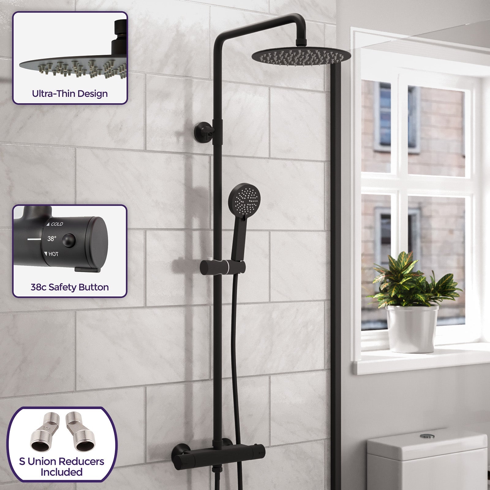 Modern Round Matte Black Exposed Thermostatic Mixer Shower Set With Shower Head and Handheld