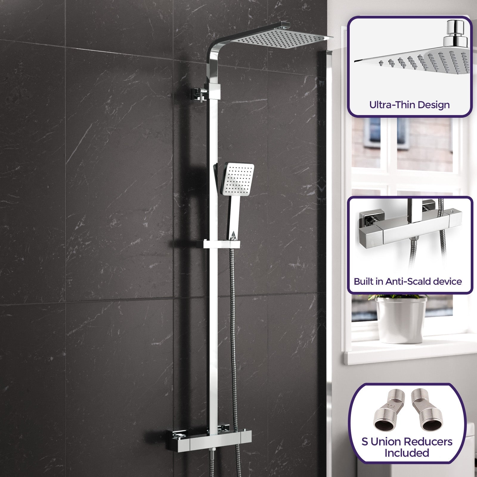 Modern Square Exposed Thermostatic Mixer Shower Set Shower Head and Handheld
