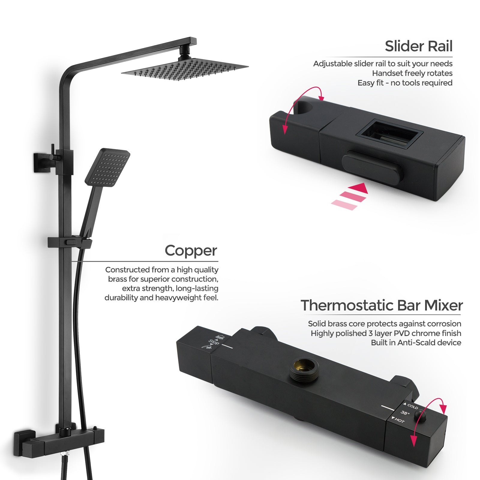 Modern Thermostatic Mixer Shower Set Square Black Finish Twin Head Exposed Valve