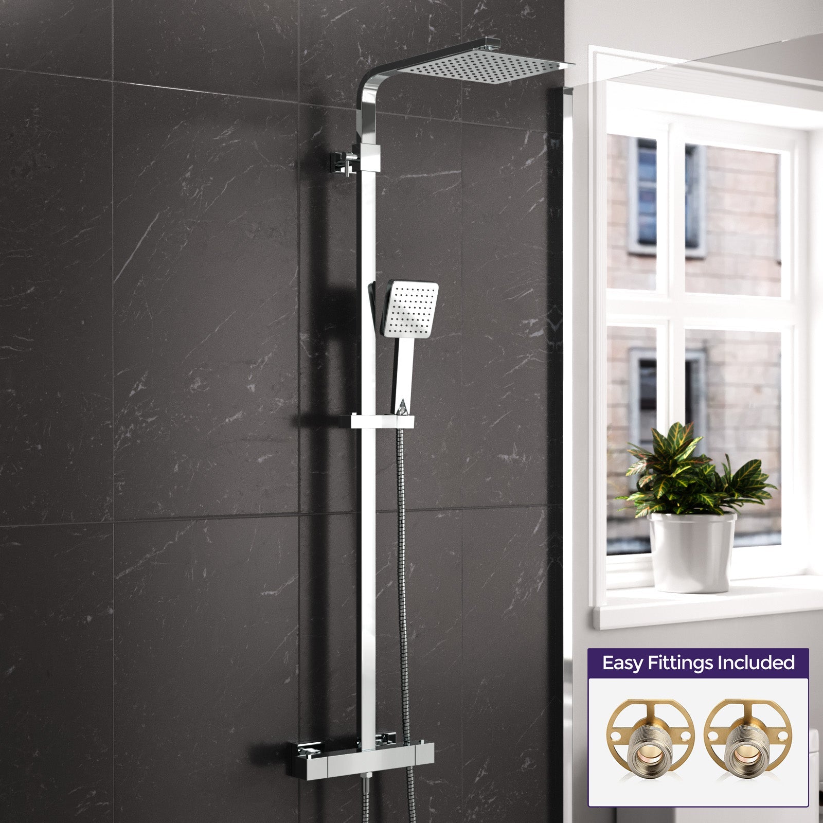 Modern Square Exposed 2-Way Thermostatic Mixer Shower Set With Easy Fittings
