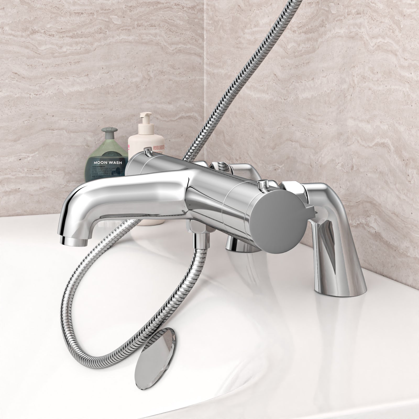 Chrome Exposed Thermostatic Bath Shower Mixer Tap Deck Mounted Kit Set