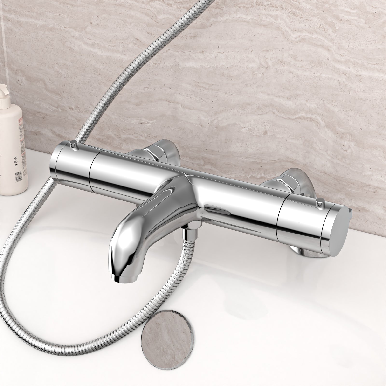 Chrome Exposed Thermostatic Bath Shower Mixer Tap Deck Mounted Kit Set