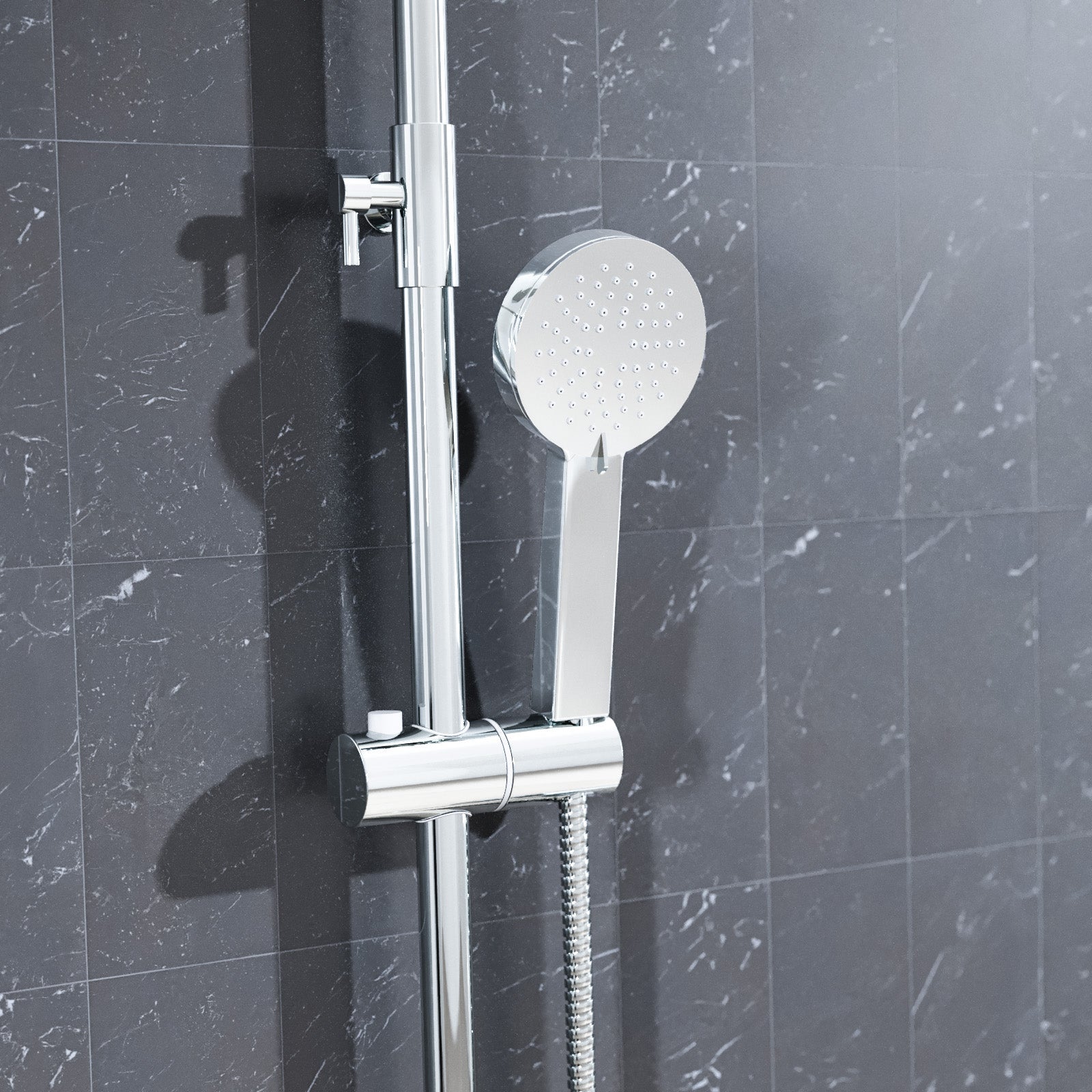 Round Chrome Thermostatic Shower Bar Valve Single Outlet Wall Mounted with Shower Slider Rail Kit