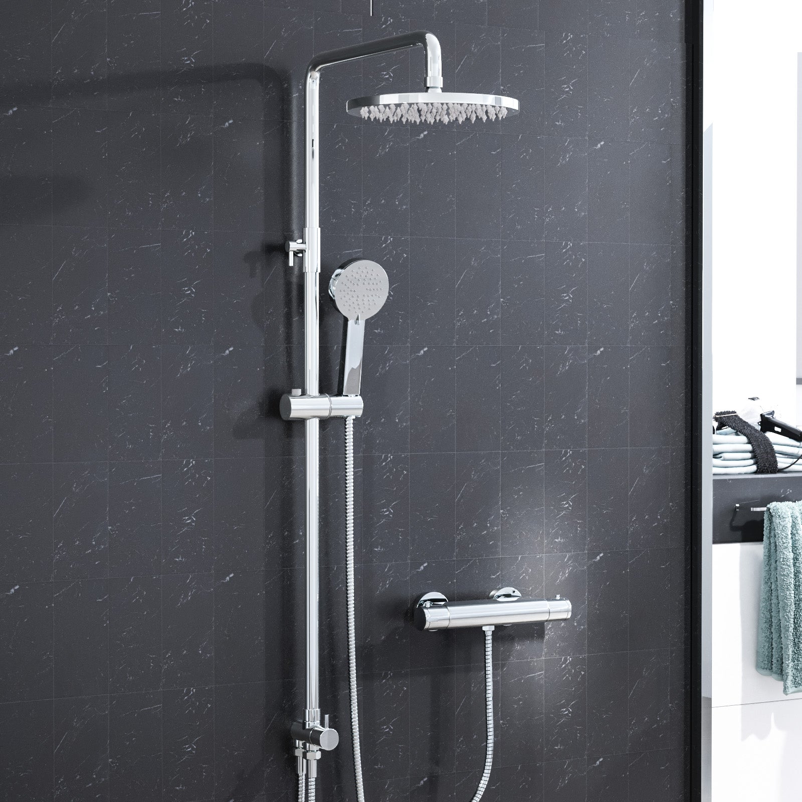 Round Chrome Thermostatic Shower Bar Valve Single Outlet Wall Mounted with Shower Slider Rail Kit