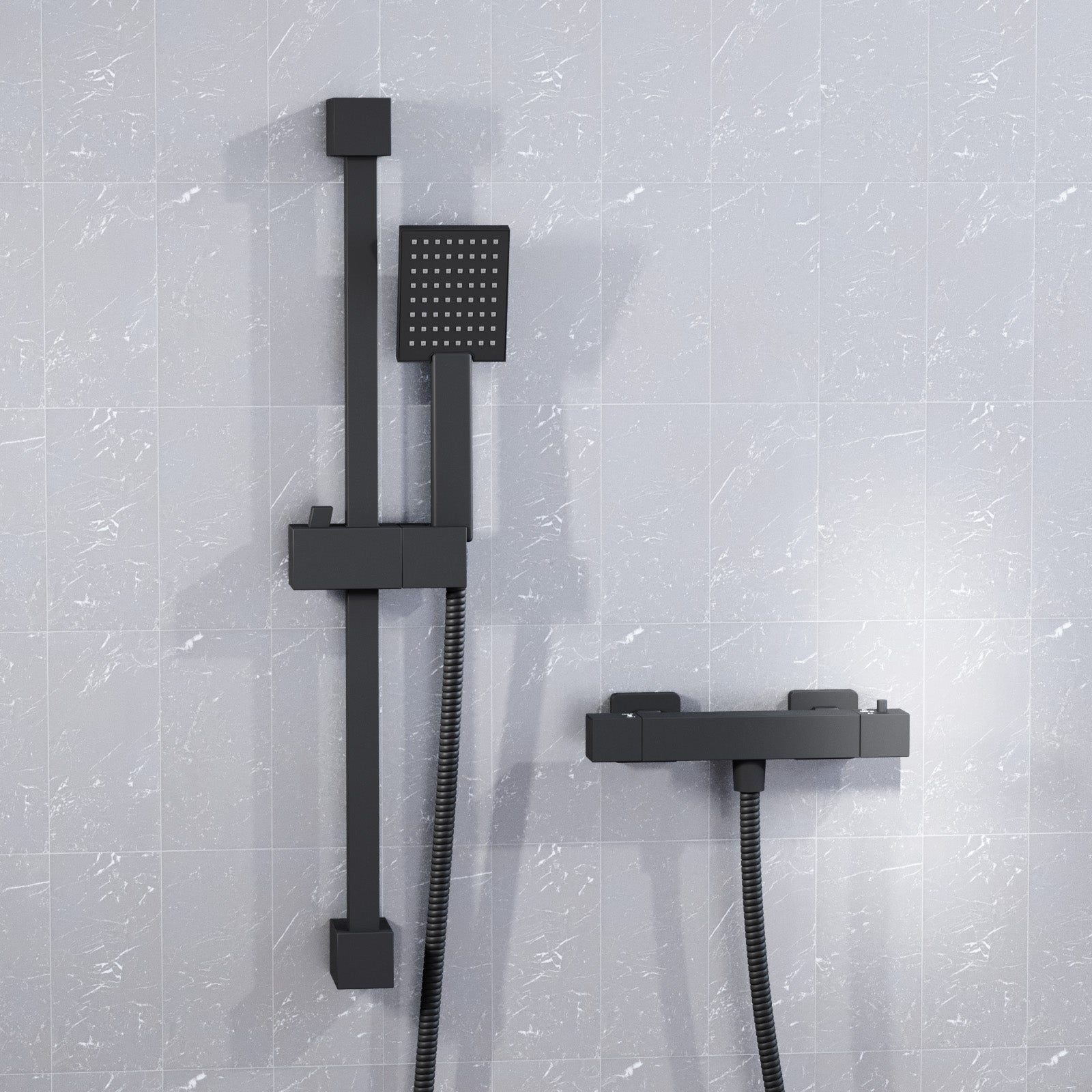 Matte Black Square Thermostatic Shower Bar Valve Single Outlet with Shower Slider Rail Kit