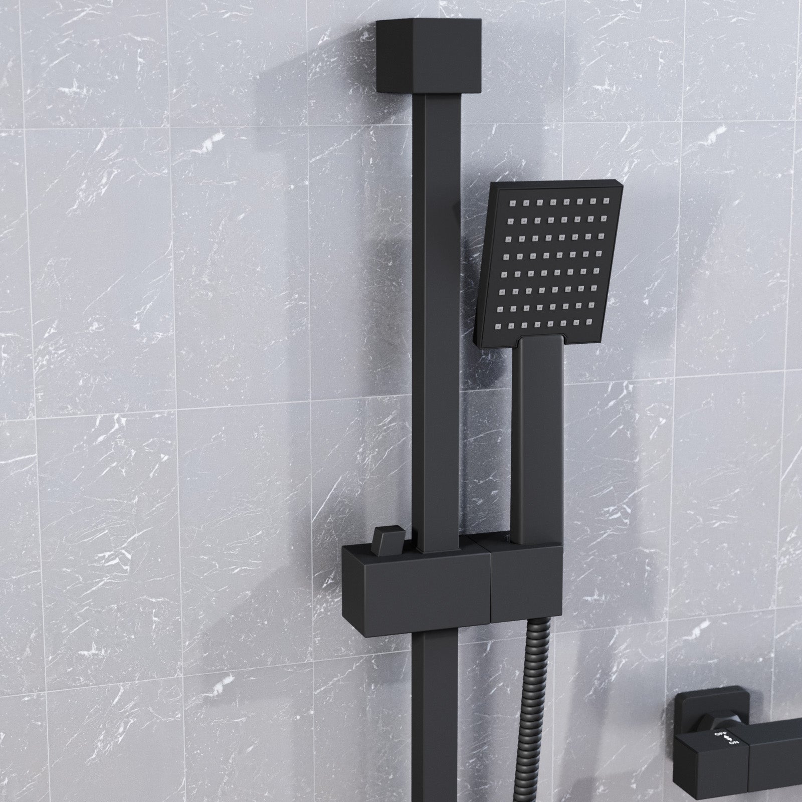 Matte Black Square Thermostatic Shower Bar Valve Single Outlet with Shower Slider Rail Kit