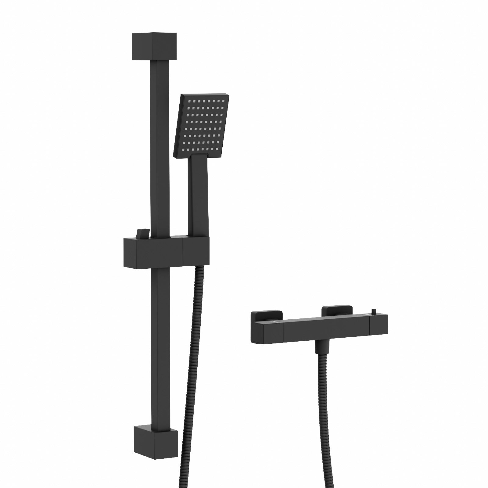Matte Black Square Thermostatic Shower Bar Valve Single Outlet with Shower Slider Rail Kit