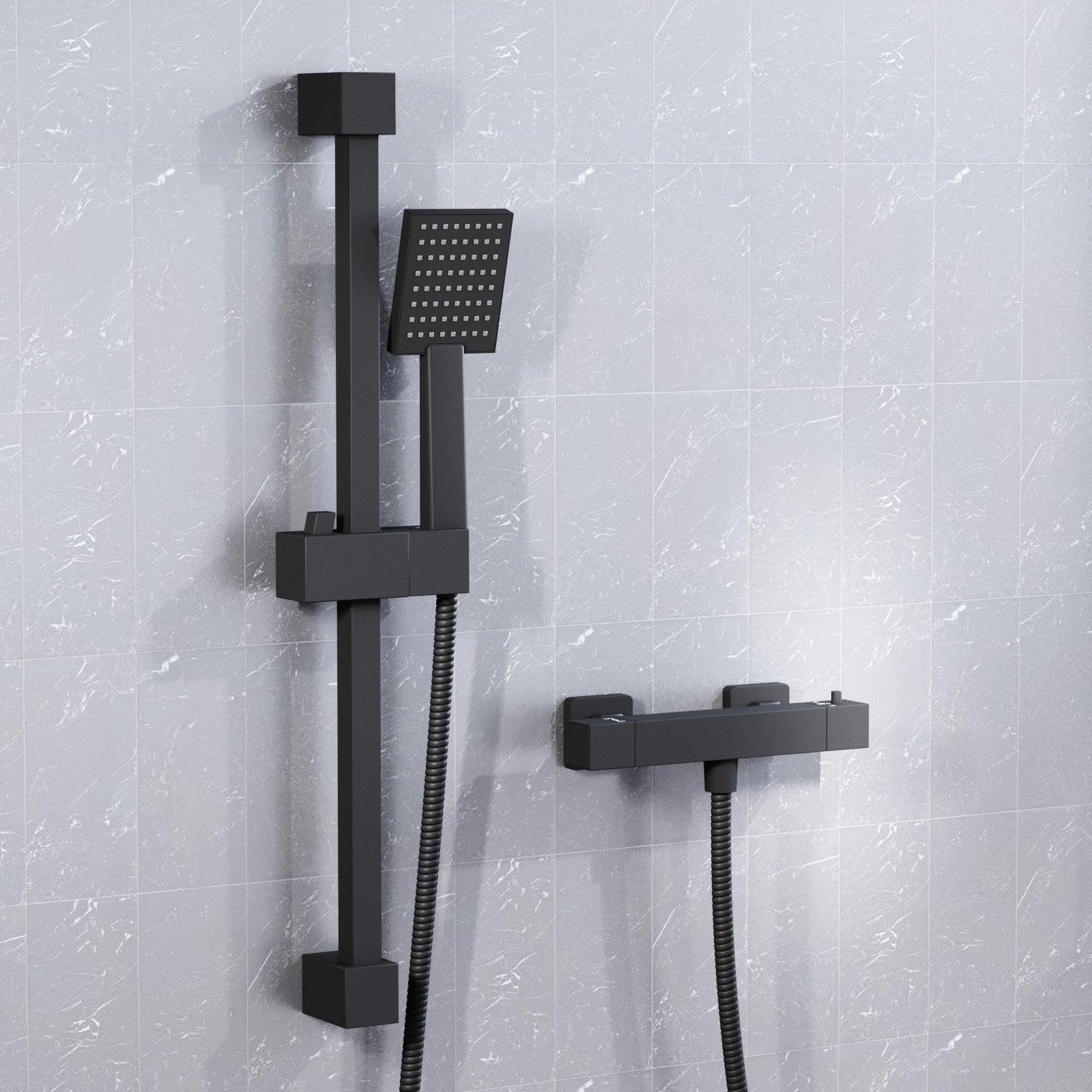 Matte Black Square Thermostatic Shower Bar Valve Single Outlet with Shower Slider Rail Kit