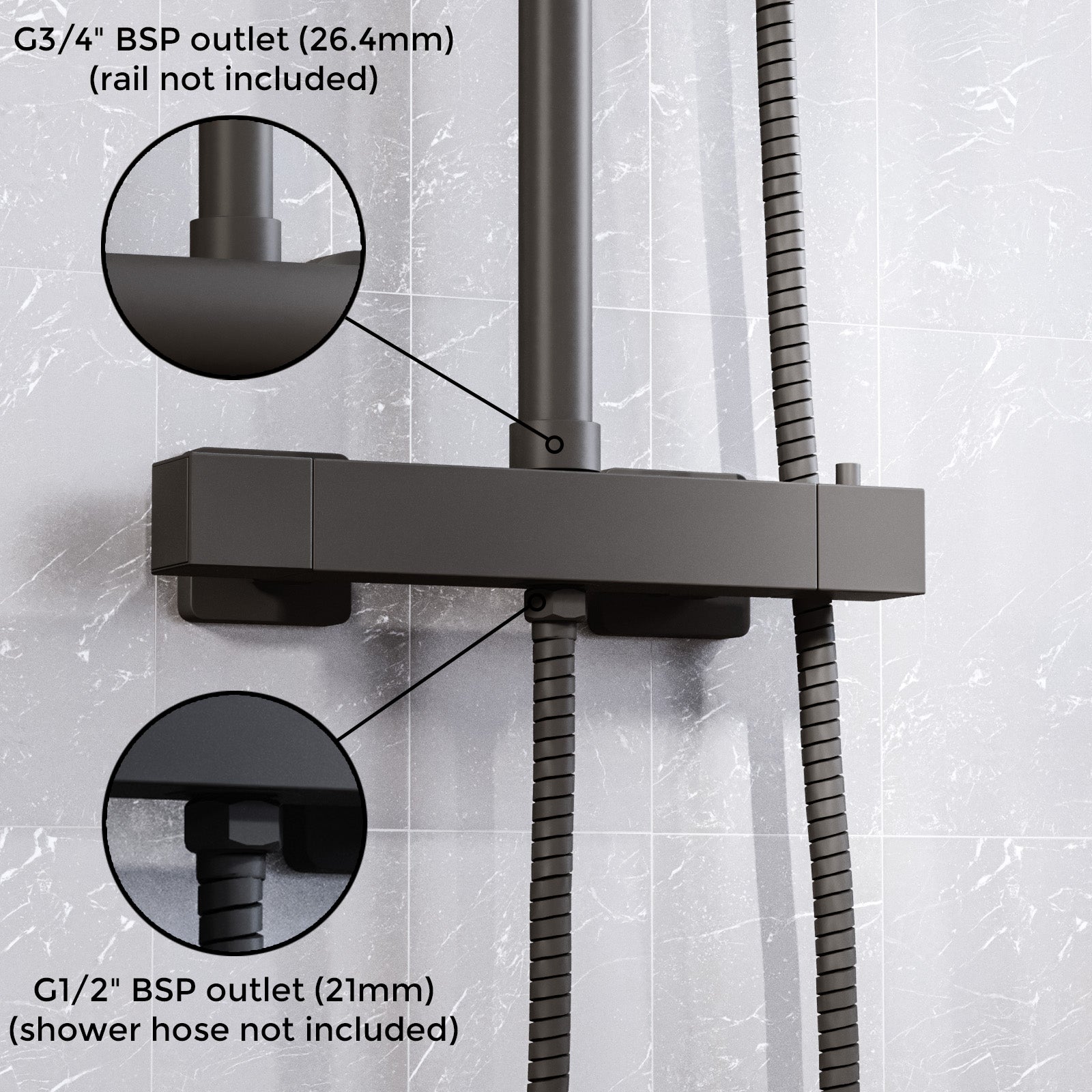 Square Matte Black Thermostatic Shower Bar Valve Double Outlet