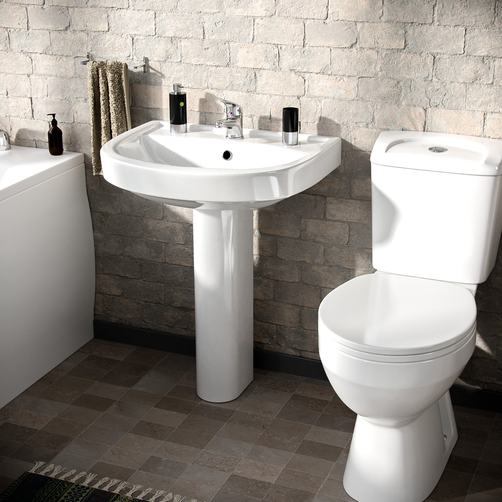 Omaha 3 Piece WC Toilet, Full Pedestal Basin and Round Bath Tub Bathroom Suite