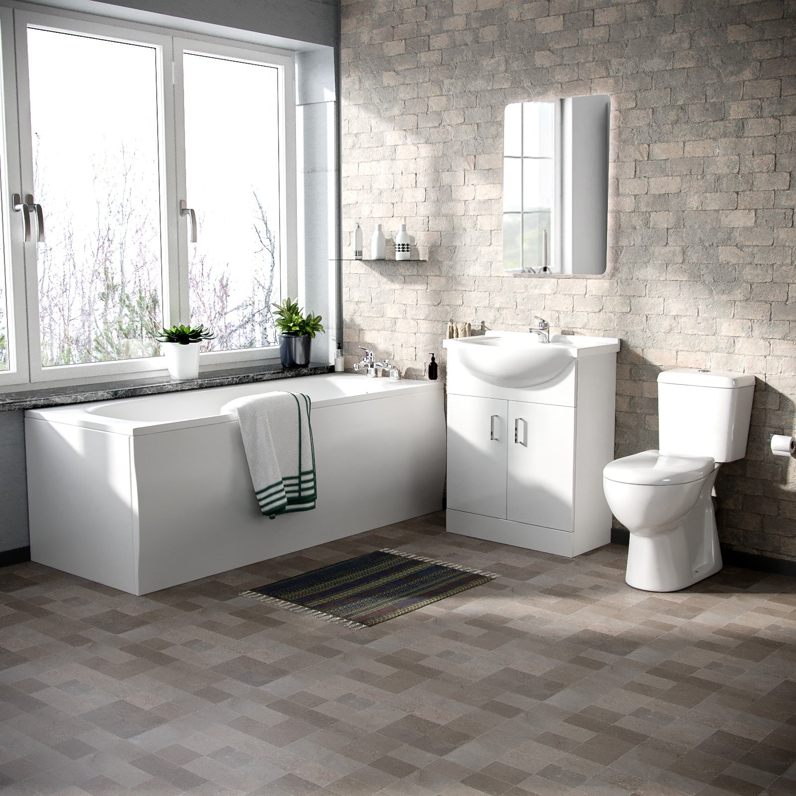 Ellen Bath Suite 1700mm Bathtub, 650mm White Basin Vanity & Close Coupled Toilet