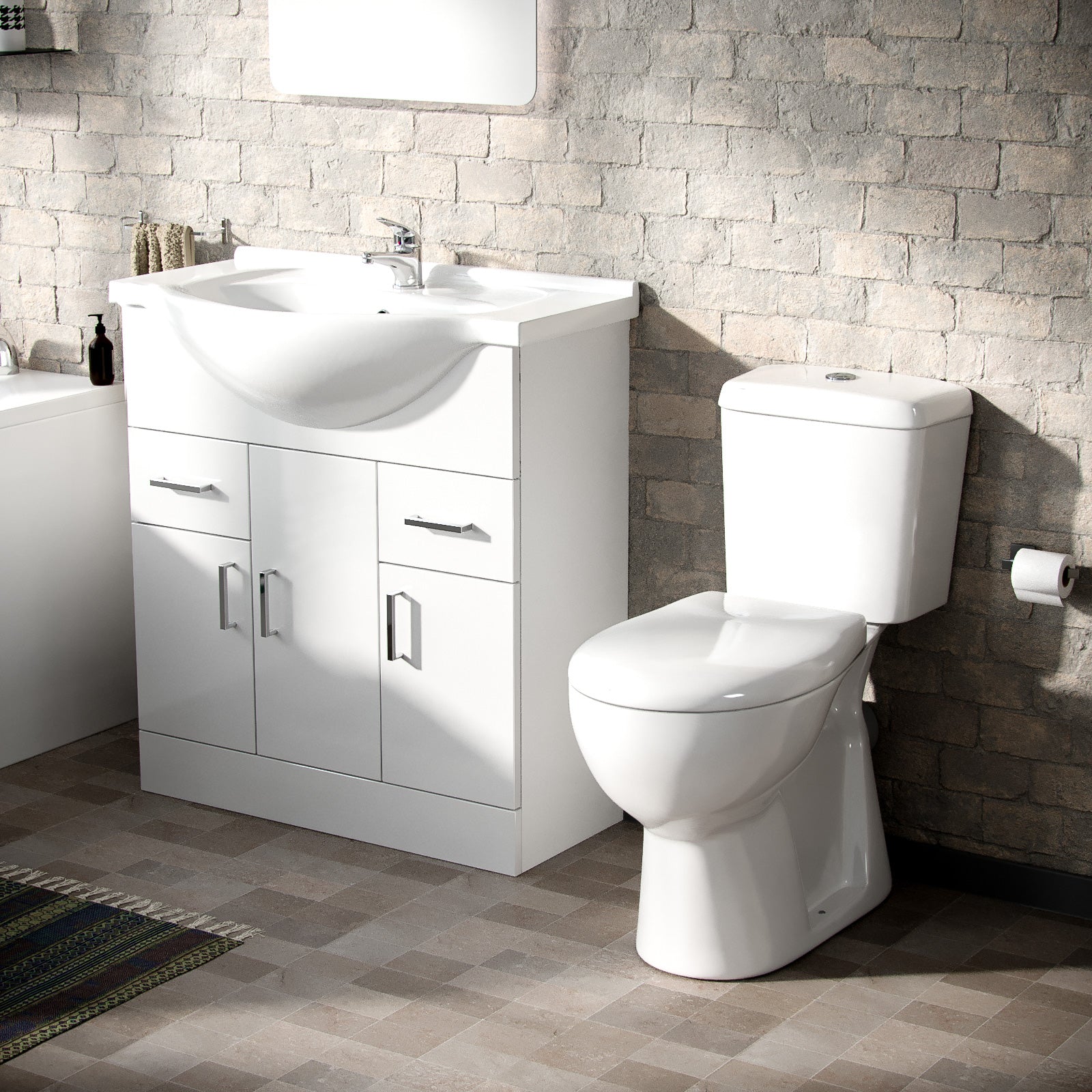 Ellen Bathroom Suite, 750mm Basin Vanity Unit, Close Coupled Toilet and Round Bath Tub