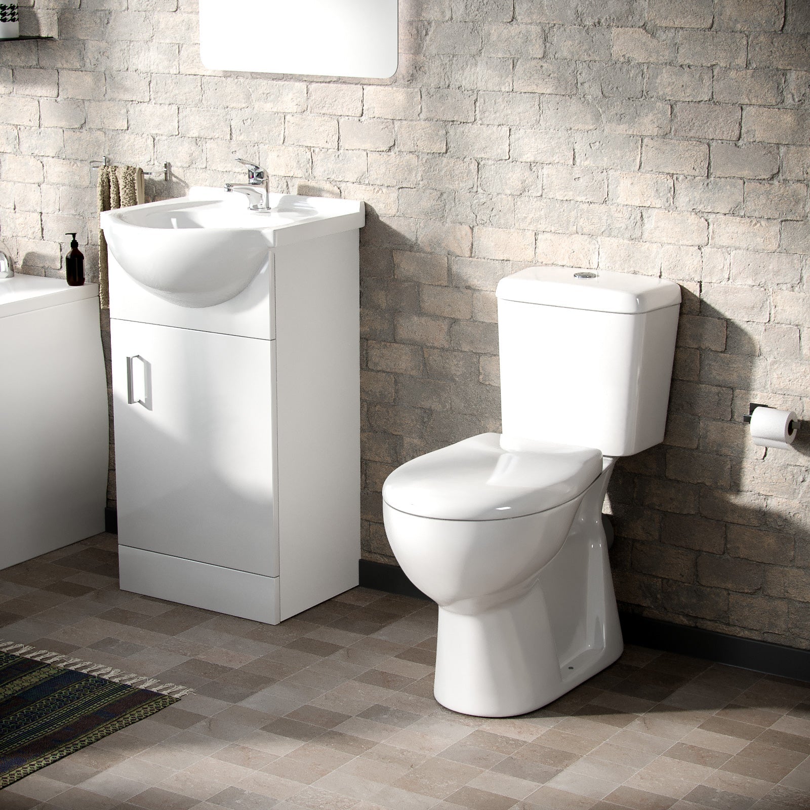 Ellen 3-Piece Bathroom Suite White - Close Coupled Toilet, 450mm Basin Vanity Unit and Round Bath Tub